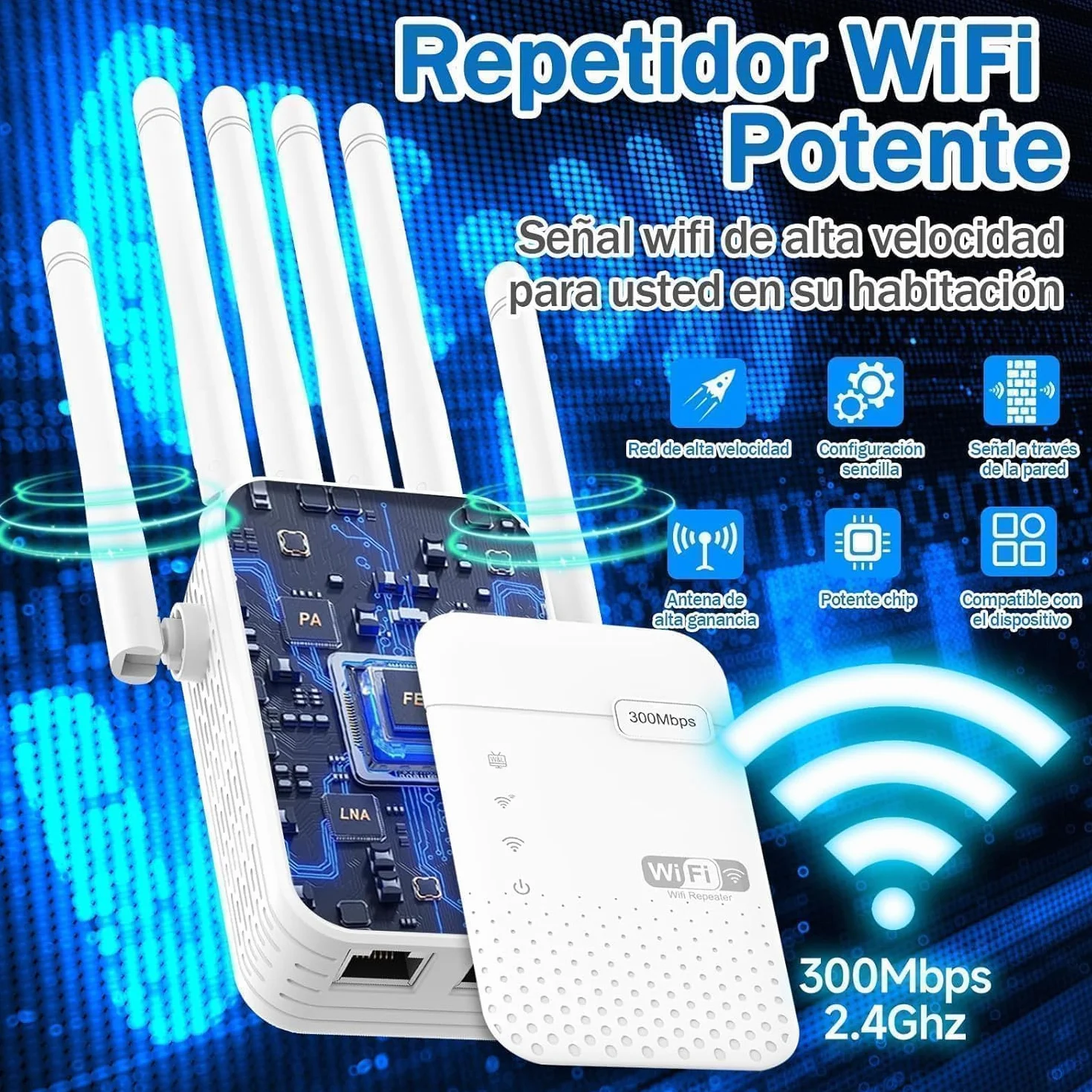 Repetidor WiFi,2026 Potente Amplificador WiFi,Amplificador señal WiFi,Repetidor WiFi Largo Alcance,6 Antenas,2 Puertos LAN,Cobertura de hasta 11800Sq.para Oficinas Y hogares,Fácil Instalación (Small)