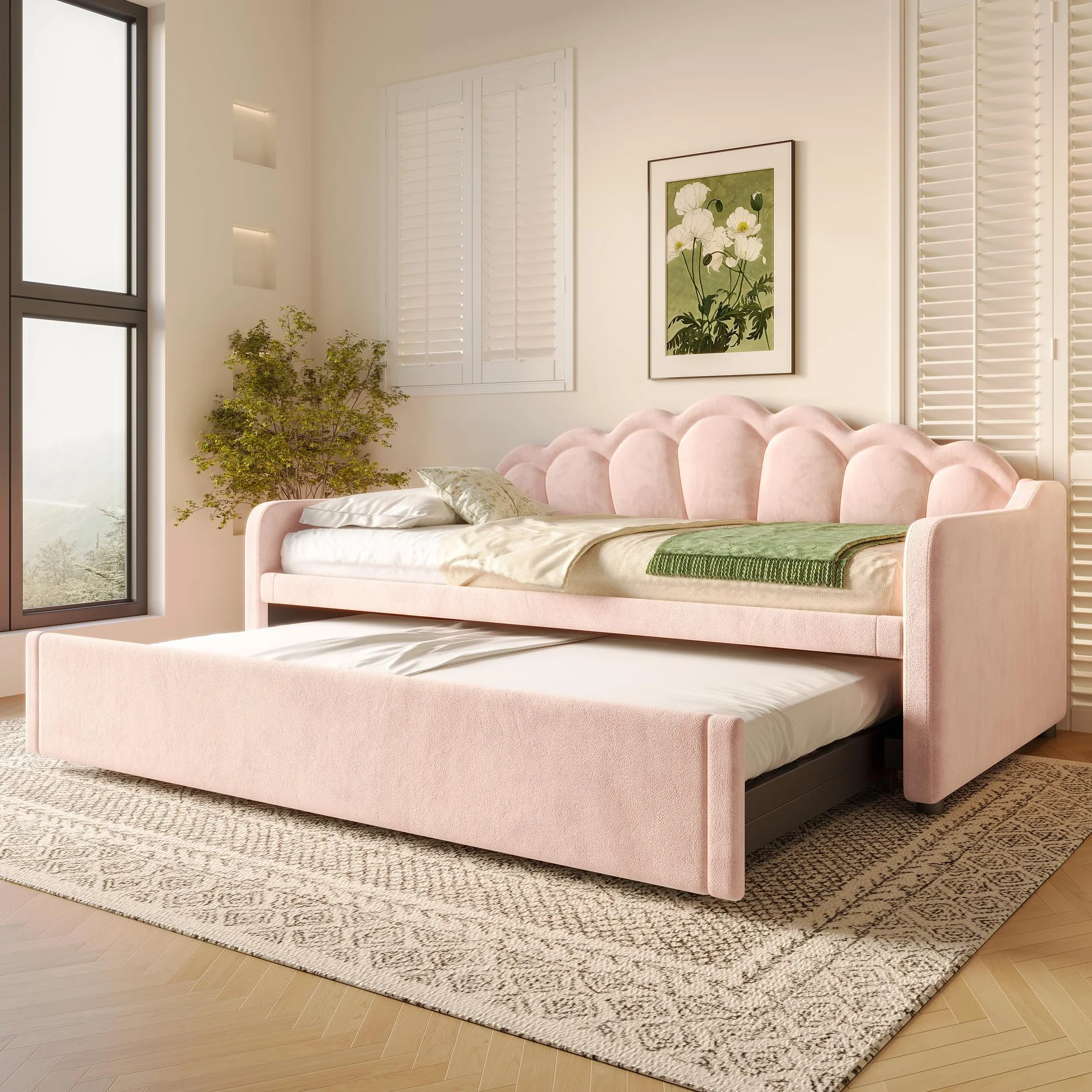 Lexiou Cama de día con cama nido, sofá cama, cama individual (sin colchón), cama doble, terciopelo, tira LED que cambia de color, 90 x 200 cm (180 x 200 cm) (rosa)