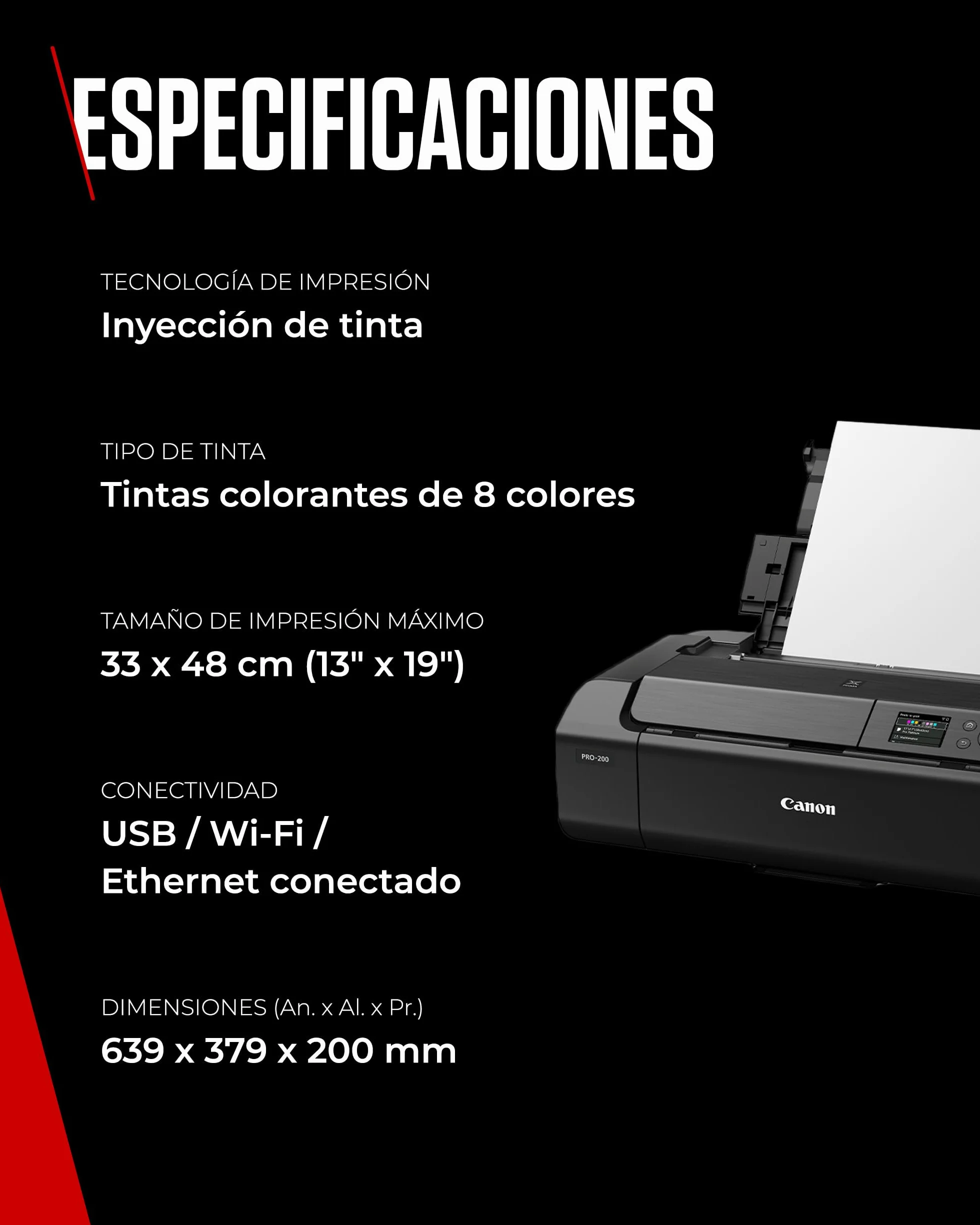 Canon Pixma PRO-200 Impresora Fotográfica Profesional, Sistema de Inyección de Tinta, A3+, WiFi, 8 Cartuchos de Tinta, Impresión Sin Bordes, Impresión de Alta Velocidad, Negro
