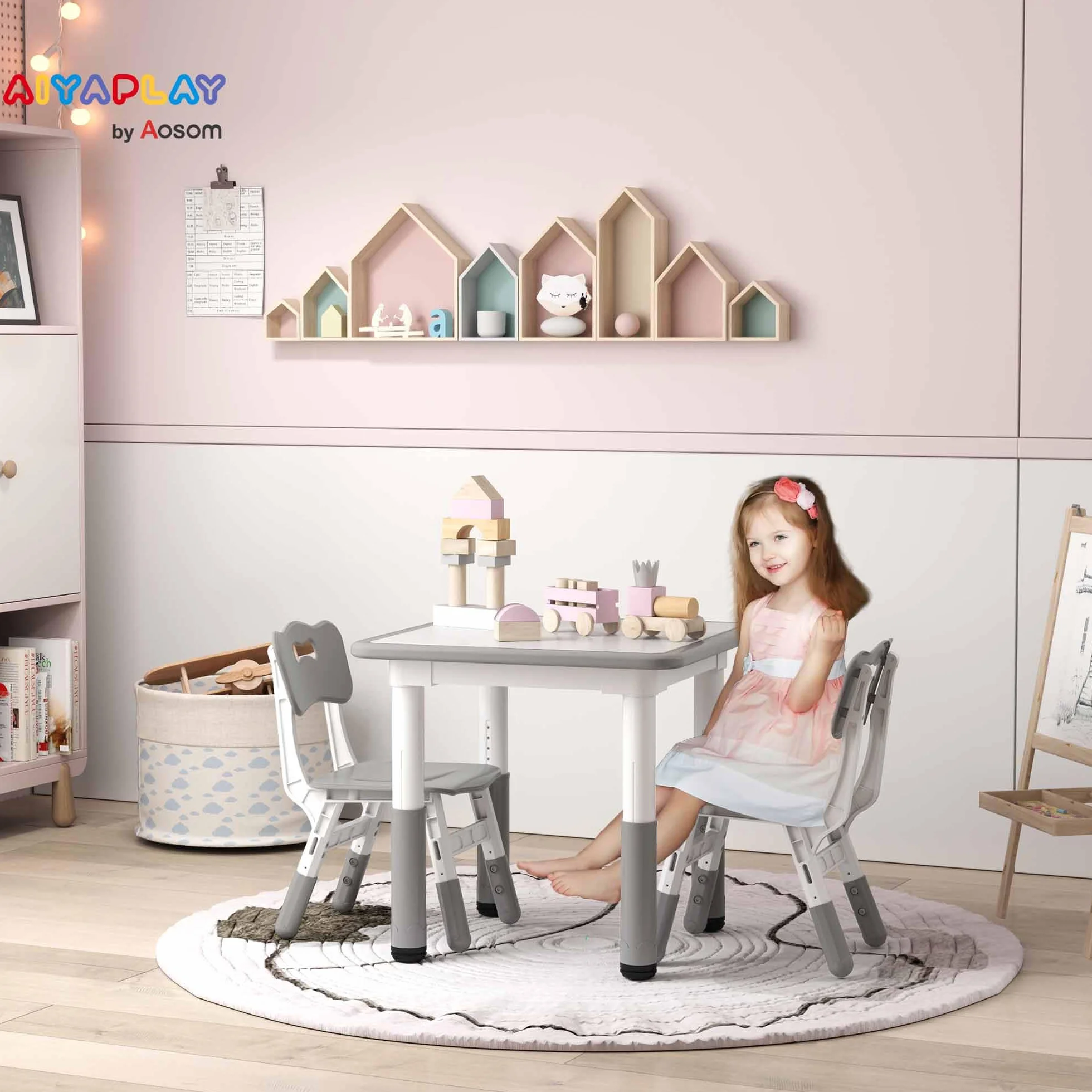 AIYAPLAY Mesa y Sillas Infantiles de 3 Piezas Altura Ajustable para Niños 18 Meses-5 Años Blanco y Gris