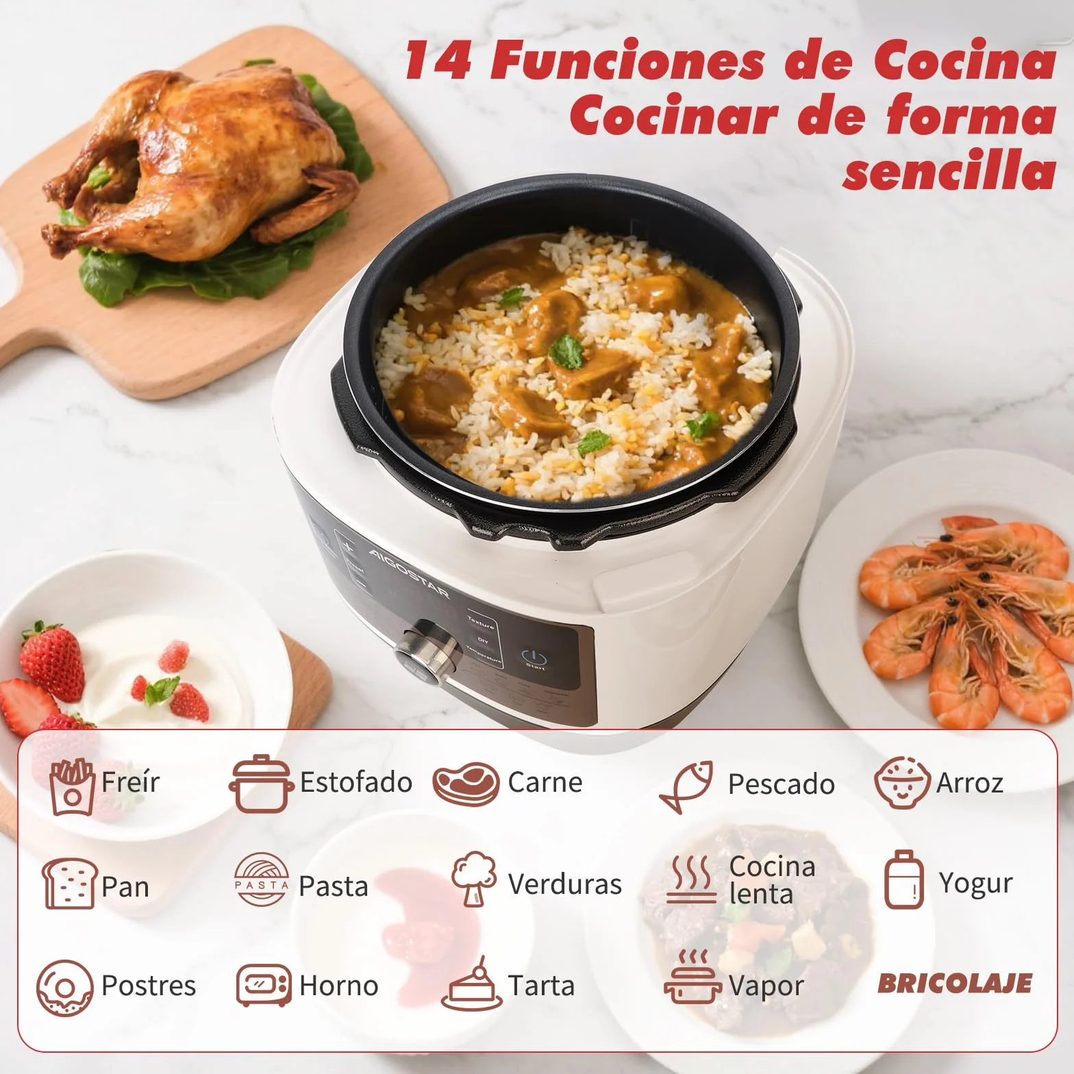 Aigostar Olla a Presión 5.5L 1000W, Antiadherente, 14 Funciones, Temporizador 24H, Blanco