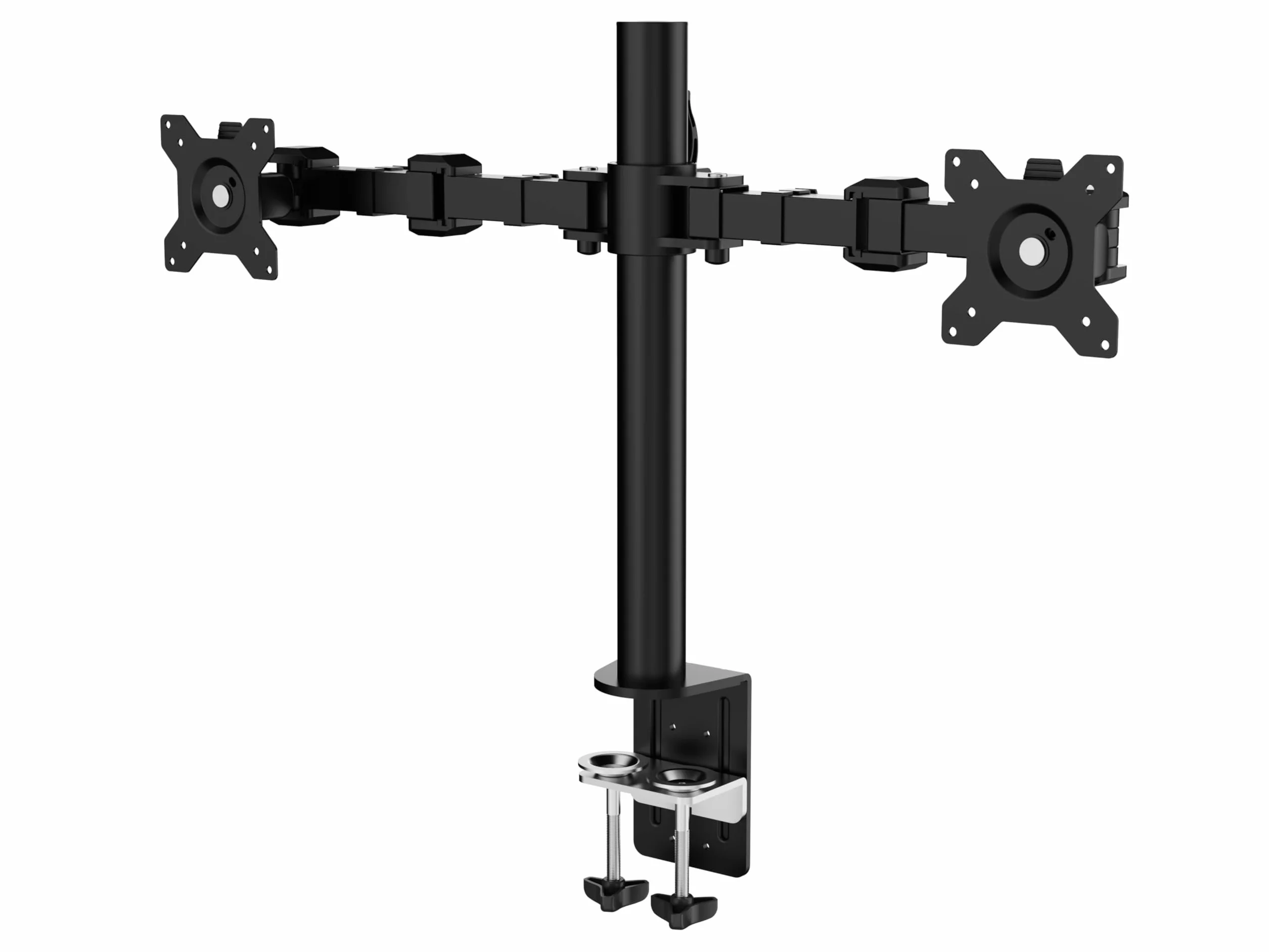 Amazon Basics Soporte para dos pantallas con brazo de montaje con altura ajustable, rotación de 360°, inclinación de pantalla ajustable y organizador de cables (acero), Negro