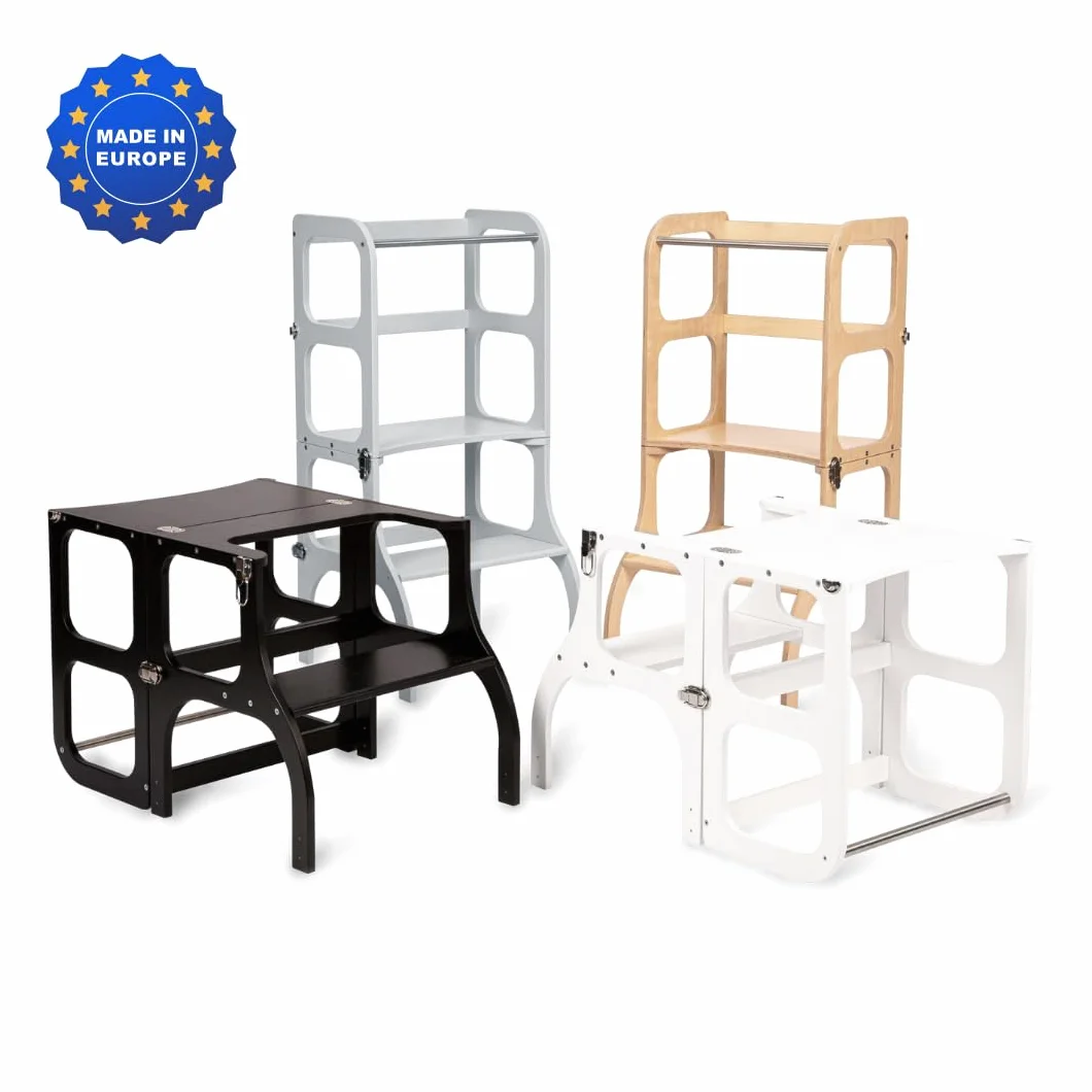 Ette Tete Step’n’Sit® Montessori Torre Mesa de Aprendizaje Convertible 2 en 1 con Cierres de latón Antiguo Madera