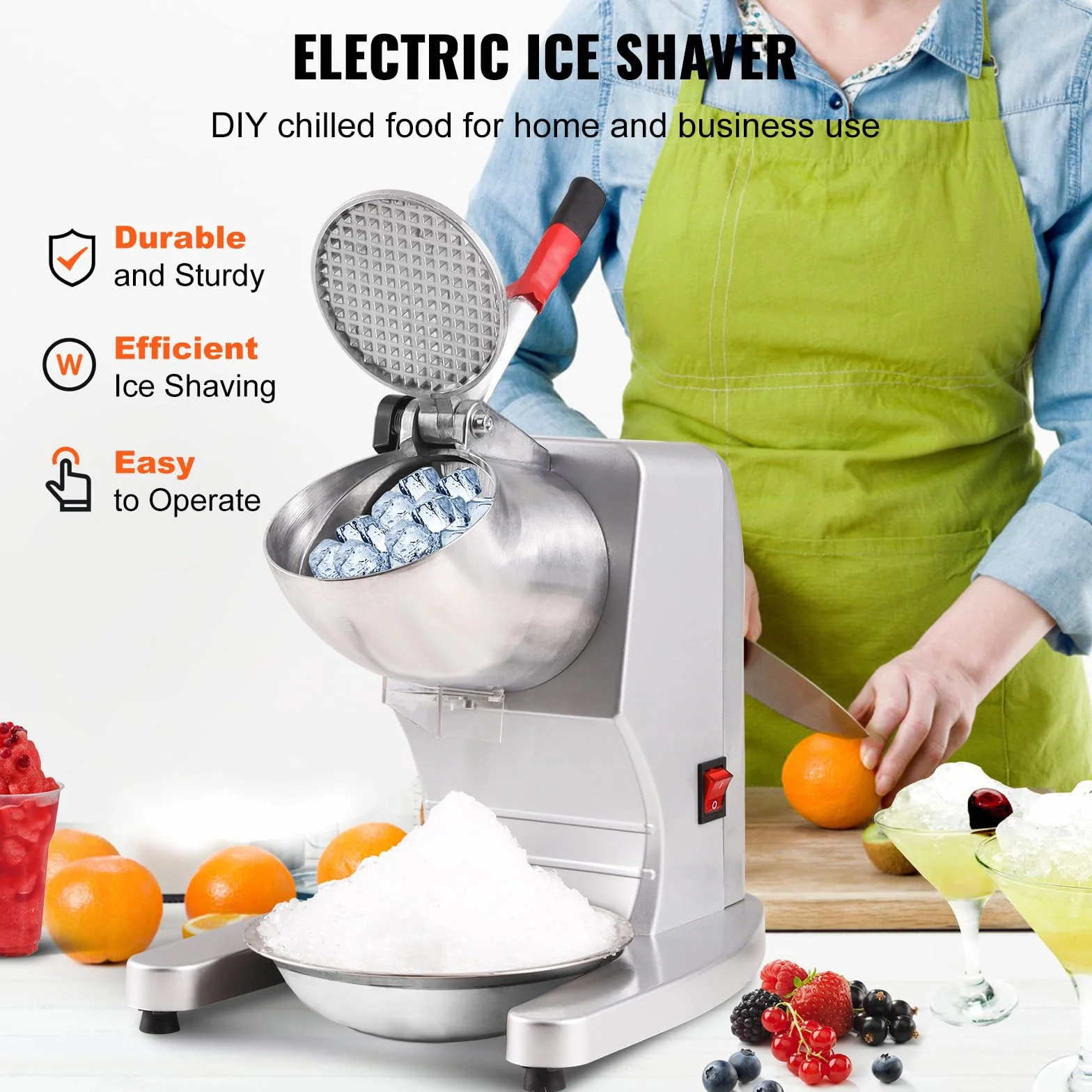 VEVOR Máquina para Picar Hielo Eléctrica 100 kg/h Picadora de Hielo Comercial 300 W Cabezal de Acero Inoxidable 4 Cuchillas