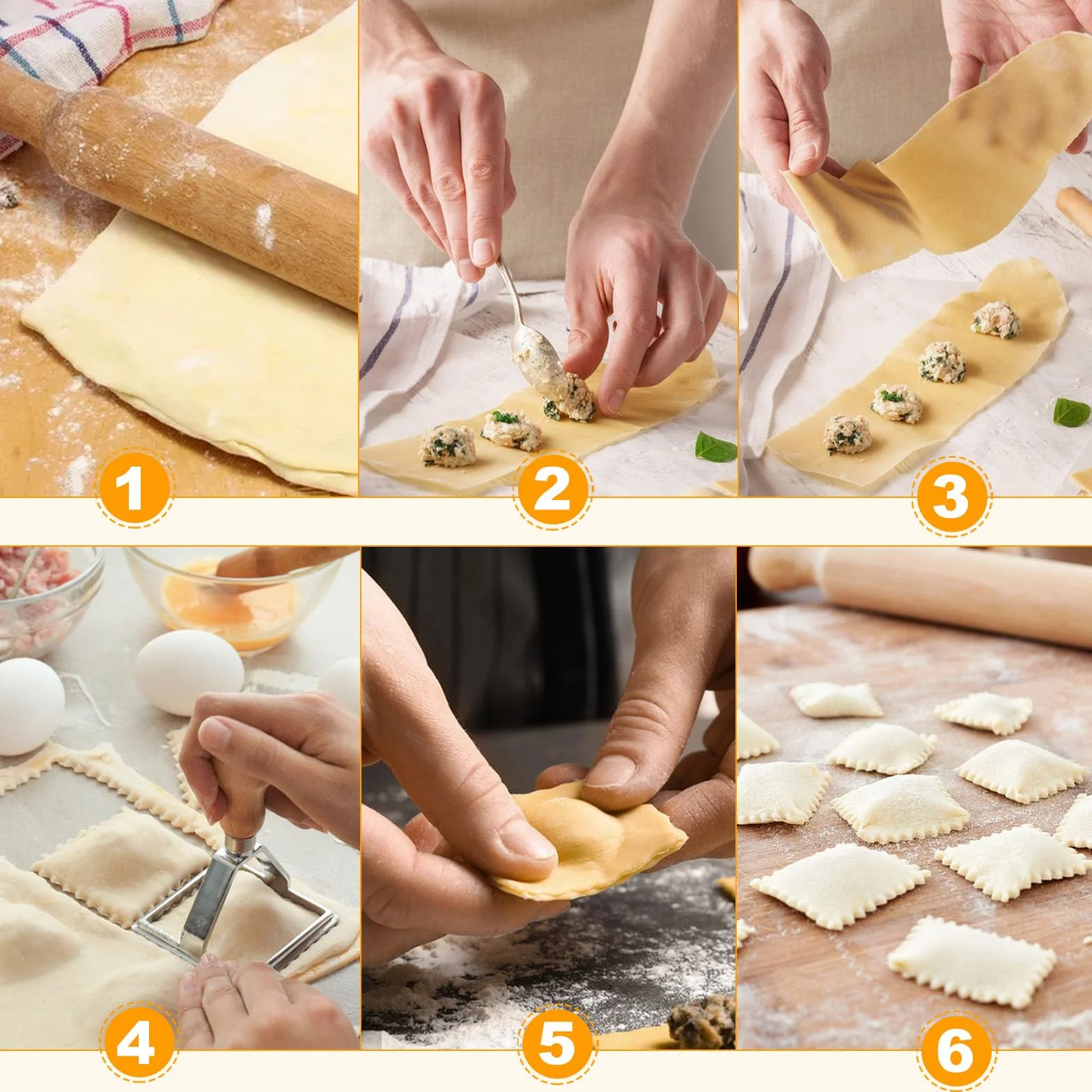Cortador Raviolis Rueda, 5 Cortadores de Ravioli, Mango de Madera, Cuadrado/Redondo/Corazón
