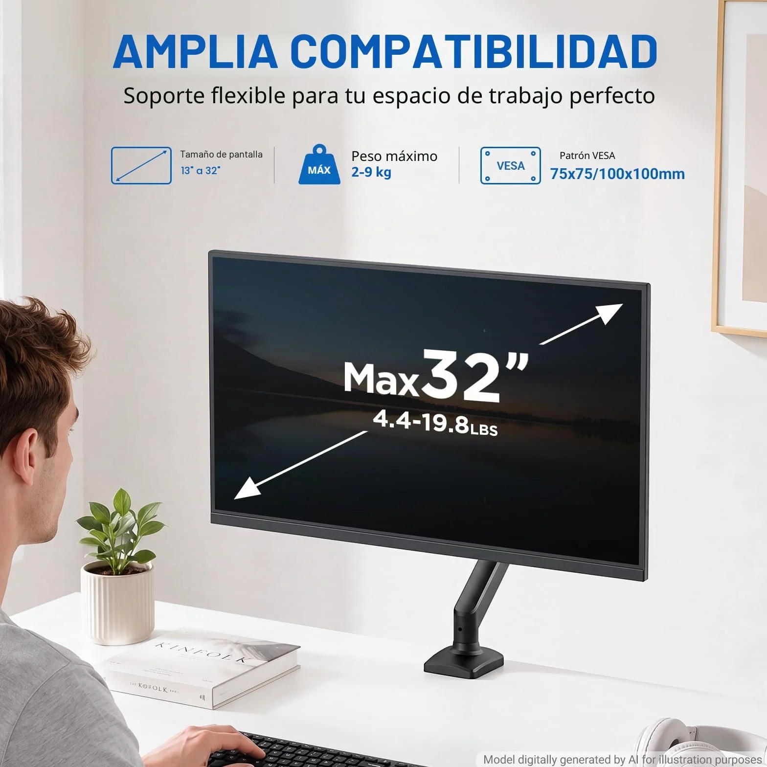 GRIFEMA GB2003-1 Soporte de Monitor con Resorte de Gas para Pantalla de Computadora de 13-32 Pulgadas, Altura Ajustable, VESA 75x75/100x100, Peso 2-9 kg, Negro