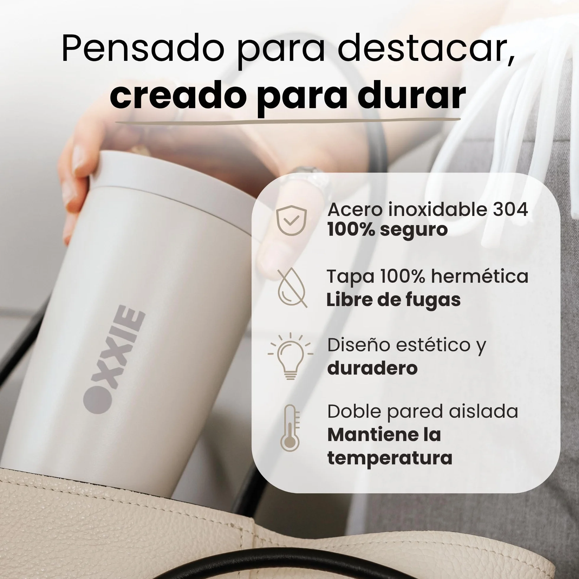 Vaso Termo Cafe 350ml Acero Inoxidable Doble Pared Taza Termica con Tapa Hermetica Reutilizable Antigoteo Beige