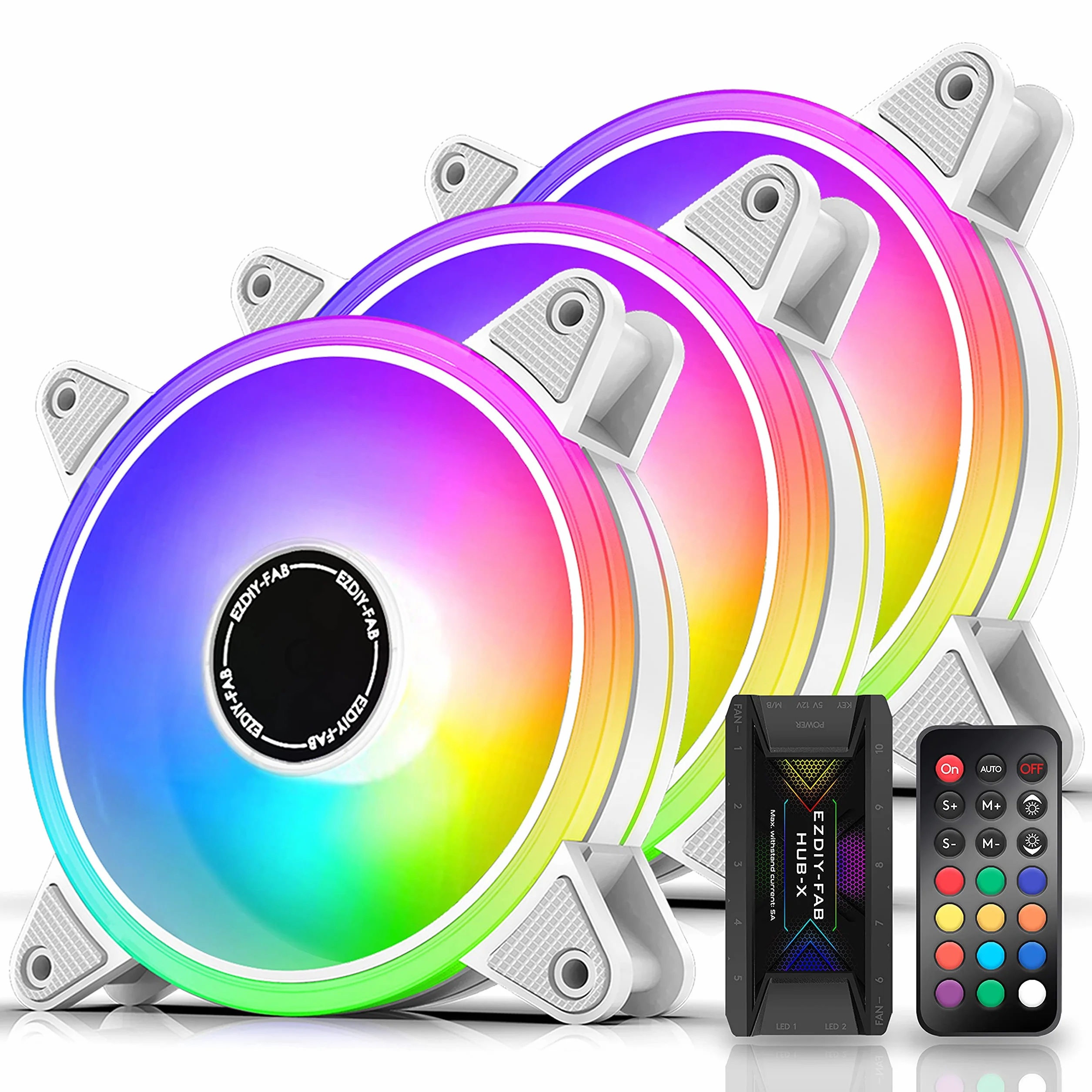 EZDIY-FAB White Moonlight - Ventilador de 120 mm RGB con hub de ventilador X y mando a distancia, placa base Aura SYNC, control de velocidad, ventilador direccionable para PC Case-paquete de 3