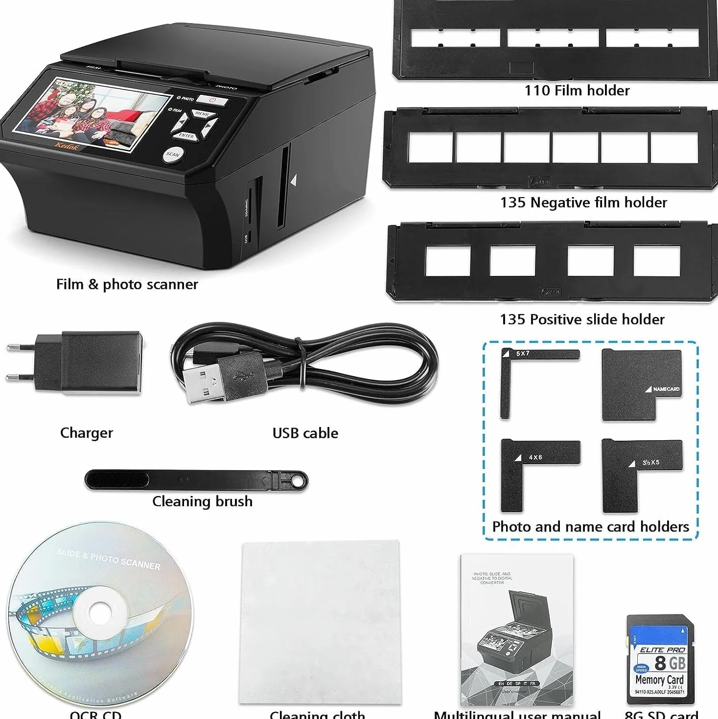 Pantalla LCD de 5 pulgadas, convierte películas, fotos y tarjetas de visita de 35 mm y 110 mm en alta resolución JPEG de 22 MP - Incluye tarjeta SD de 8 GB