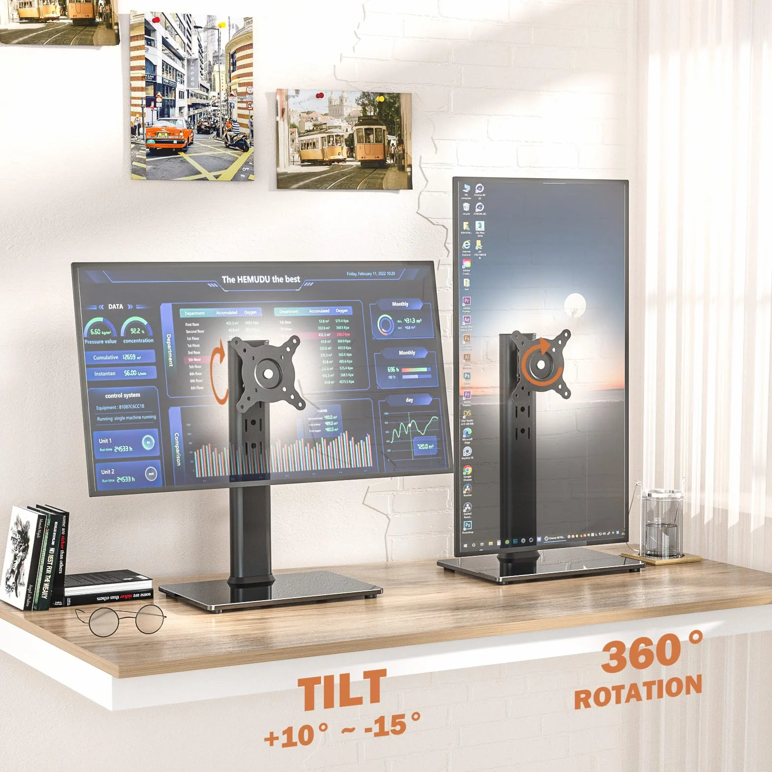 Hemudu Soporte TV Pie Universal 13 a 32 Pulgadas, Soporte TV Mesa Giratorio 100º, Soporte Monitor Altura Ajustable de 4 Niveles, Inclinable 25º, Rotación 360º, Max Peso 35 kg, Max Vesa 100x100 mm
