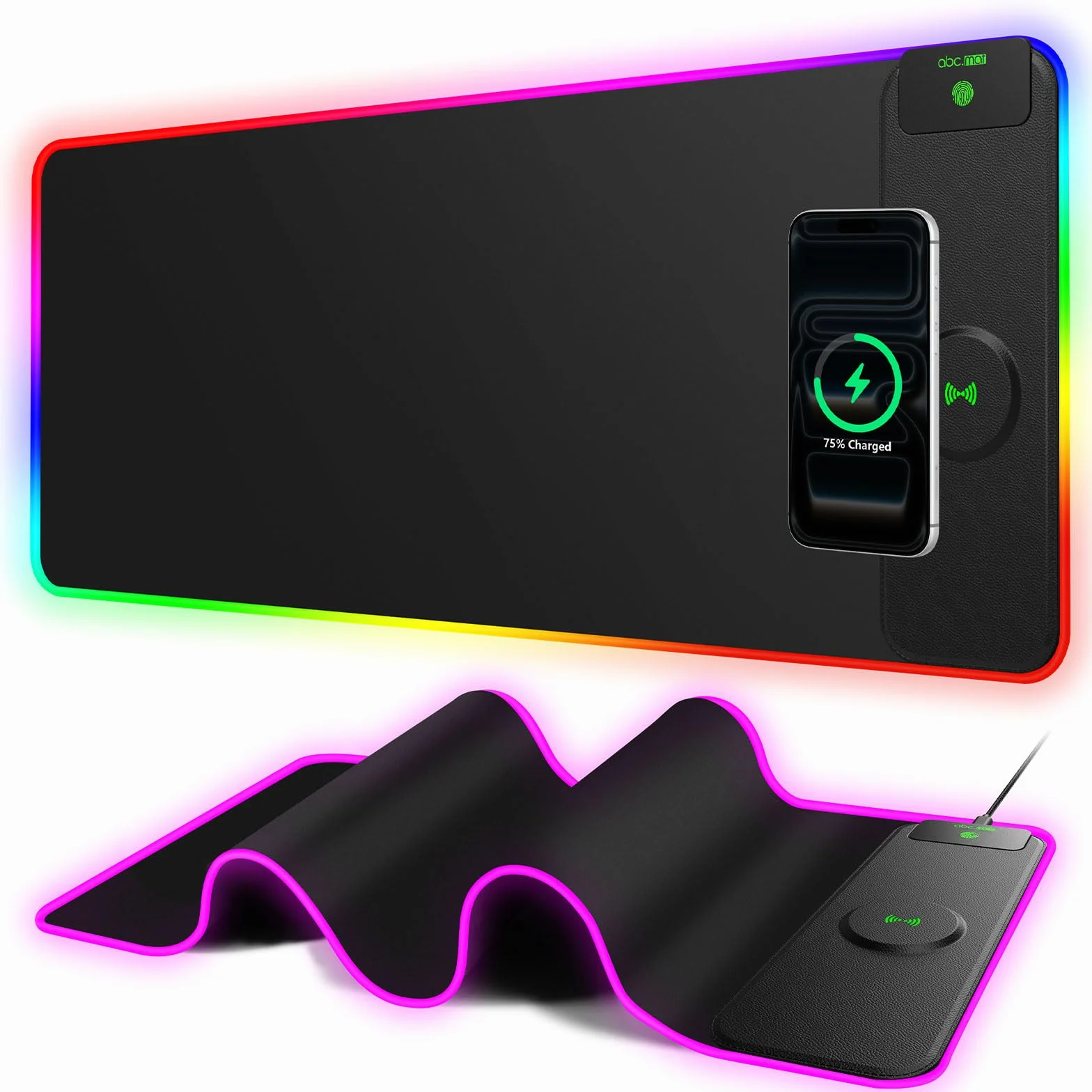Alfombrilla de mouse RGB para juegos con cargador inalámbrico magnético de 15 W, alfombrilla de escritorio LED grande de 31.5 x 11.8 pulgadas, 24 efectos de iluminación con base de goma antideslizante