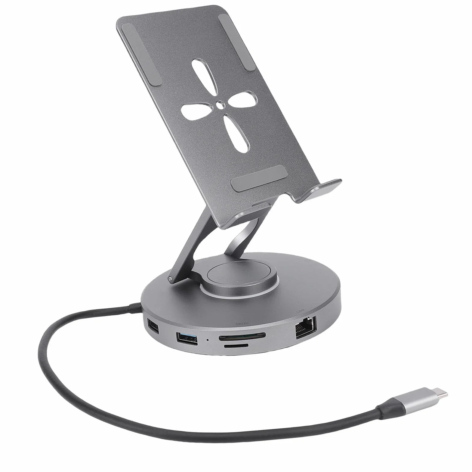 Sorandy Soporte de Estación de Acoplamiento USB C, Soporte para Tableta de Aleación de Aluminio Plegable Giratorio 8 en 1 con Lector de Tarjetas, 4K 100W PD Gigabit Ethernet, Ideal para Dispositivos