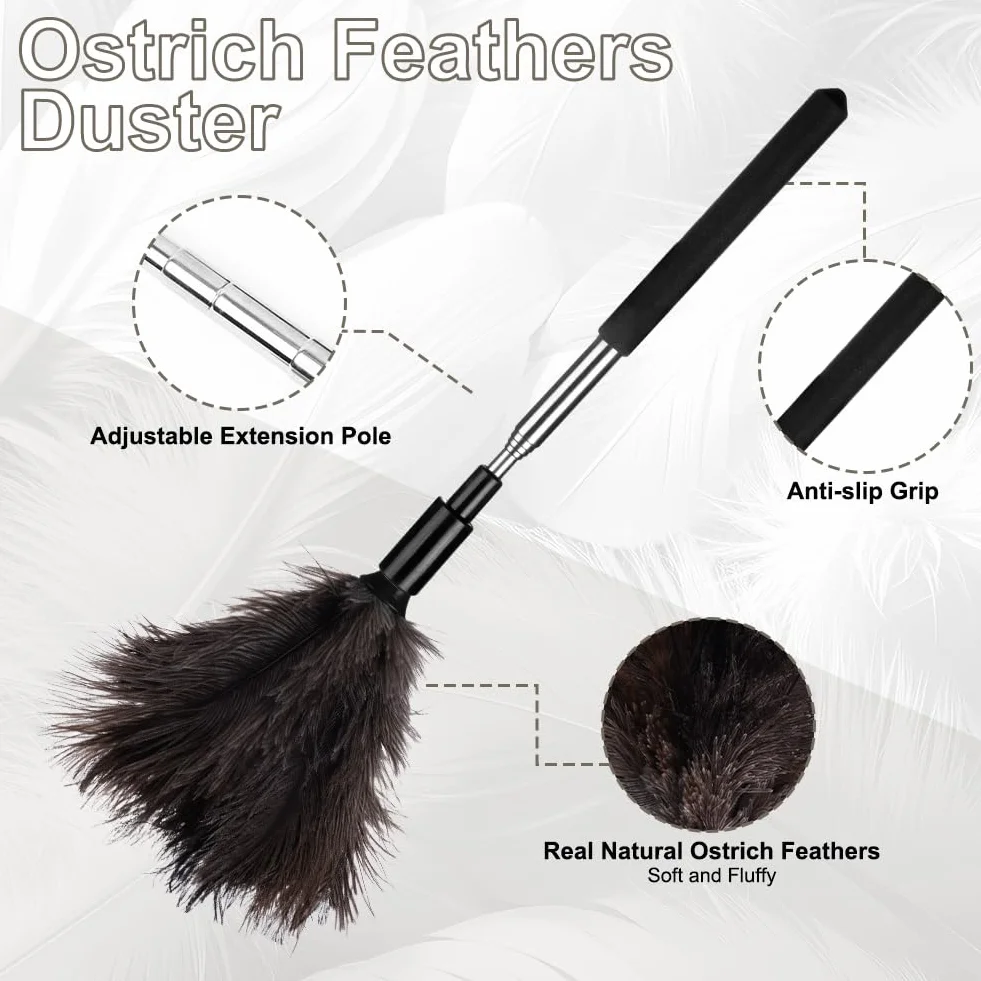 Vicloon Plumero de Plumas de Avestruz Duster Atrapapolvo 38-85cm Extensible Ajustable Lavable Mango de Acero Inoxidable