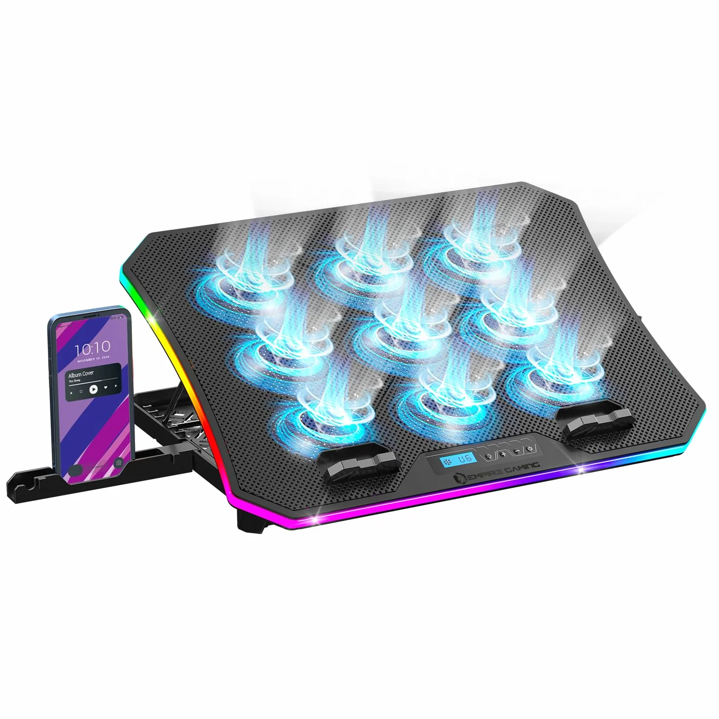 EMPIRE GAMING - Guardian C900 Base Refrigeradora Portátil para Laptop PC 12'' a 17'' - 9 Ventiladores - Controlador LCD - 10 Modos RGB - 7 Alturas Ajustables - Soporte Extraíble