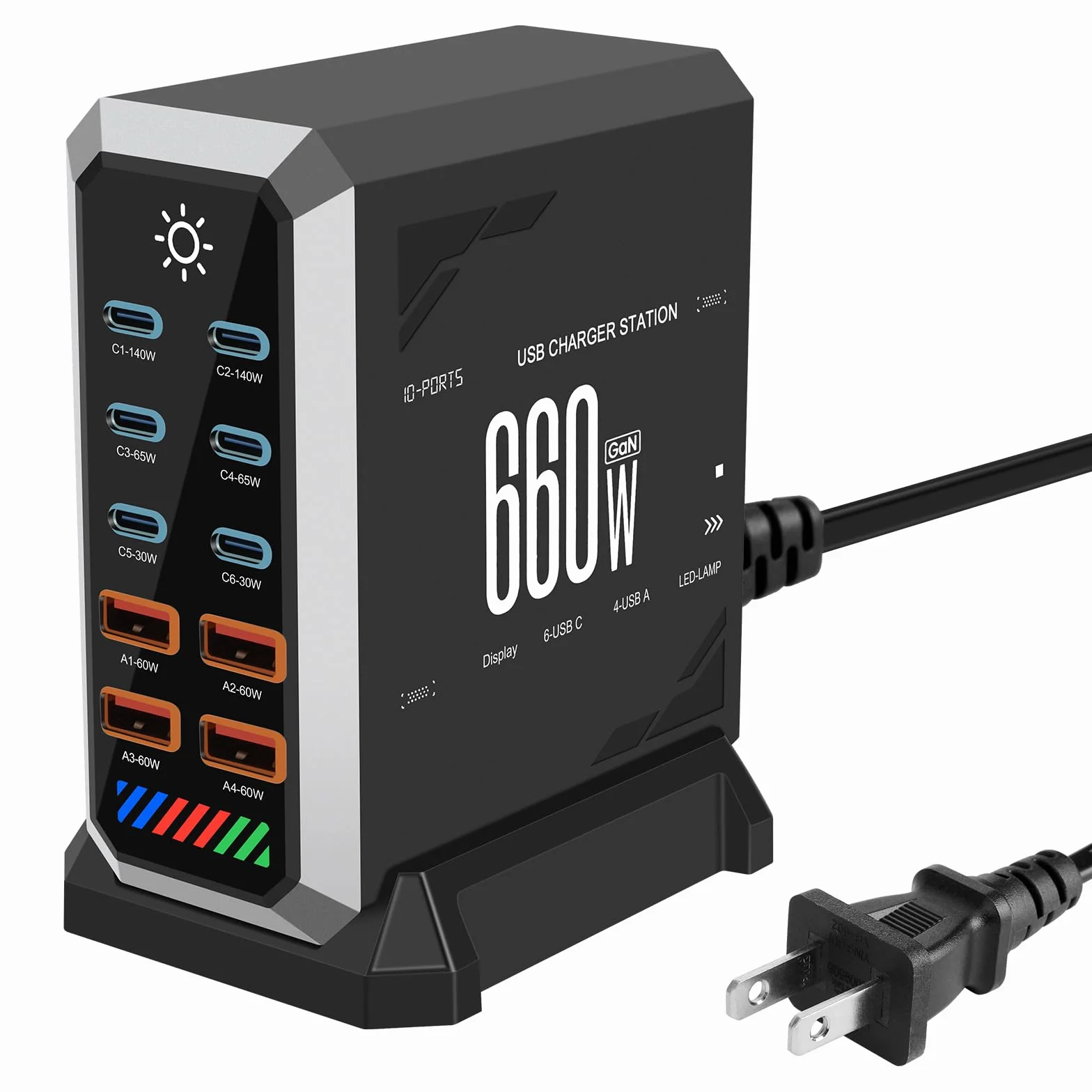 Estación de carga USB multipuerto GaN: cargador rápido tipo C PD3.1 de 140 W para múltiples dispositivos