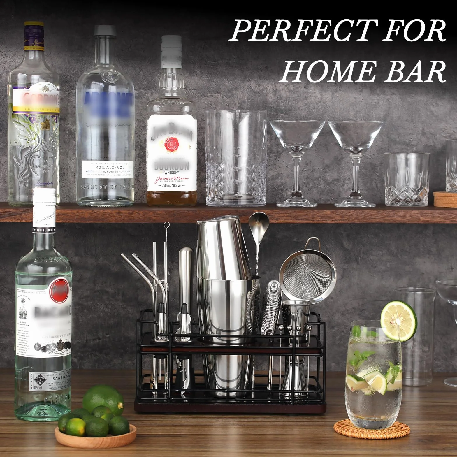 Boston coctelera Kit Completo de 20 Piezas con Soporte, Cocktail Shaker en Acero Inoxidable de 825 ml