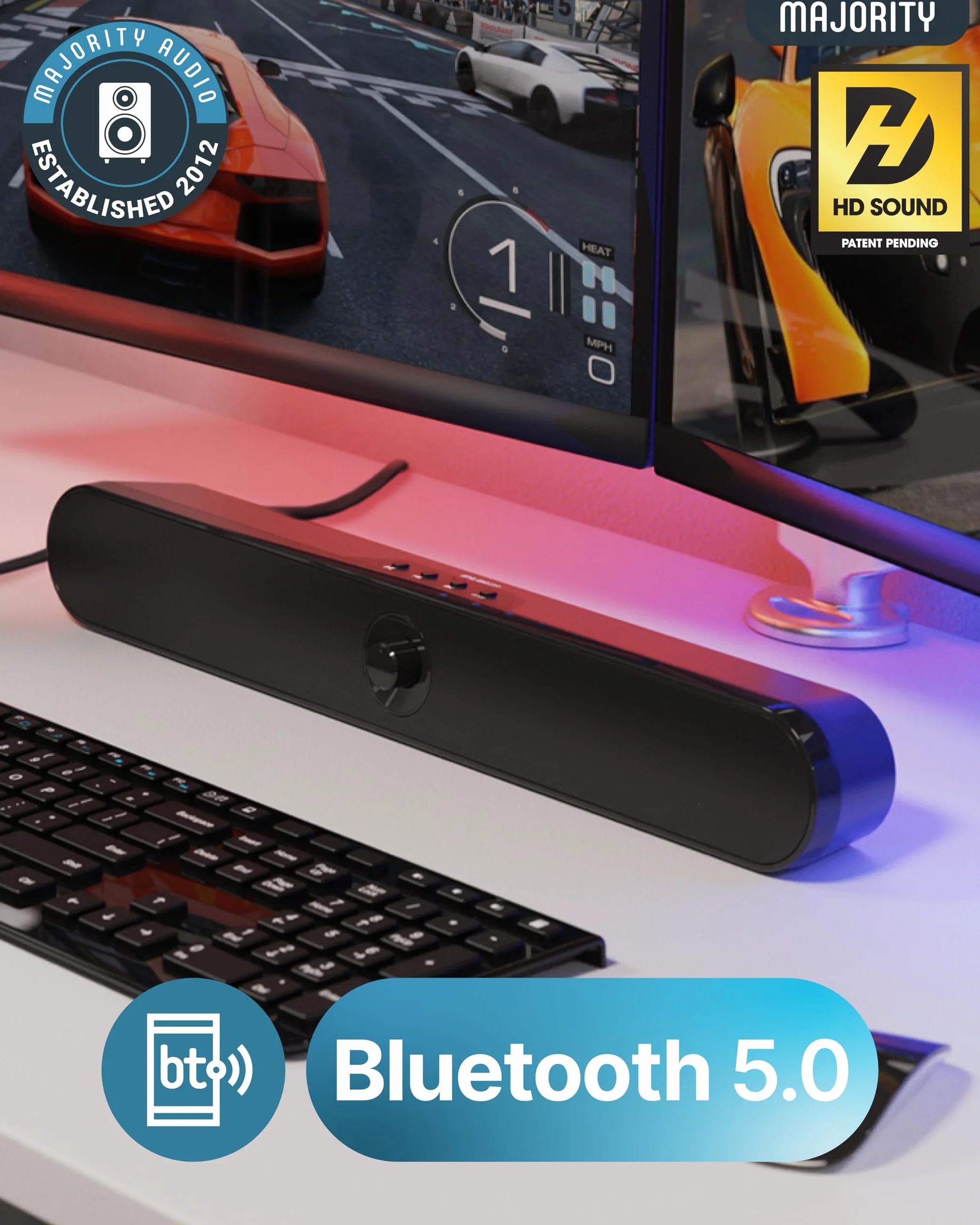 Barra de Sonido para Juegos Atlas para PC Monitorear Altavoz Bluetooth | 20 vatios, reproducción USB y AUX Música, películas, Barra de Sonido portátil para TV Cajas de Ordenador, PC, TV, Monitor,
