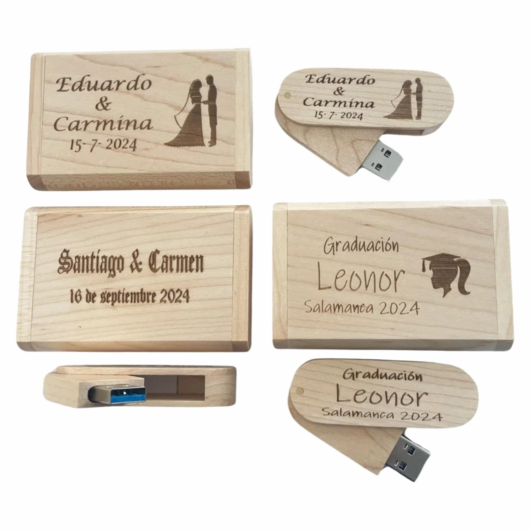 Regalo Grabado - 1 Memoria Personalizada 32GB o 64 GB USB 3.0 | Pendrive con Caja Madera Natural | Grabado de Texto o Logo Boda, Cumpleaños, Empresa | Unidades 1