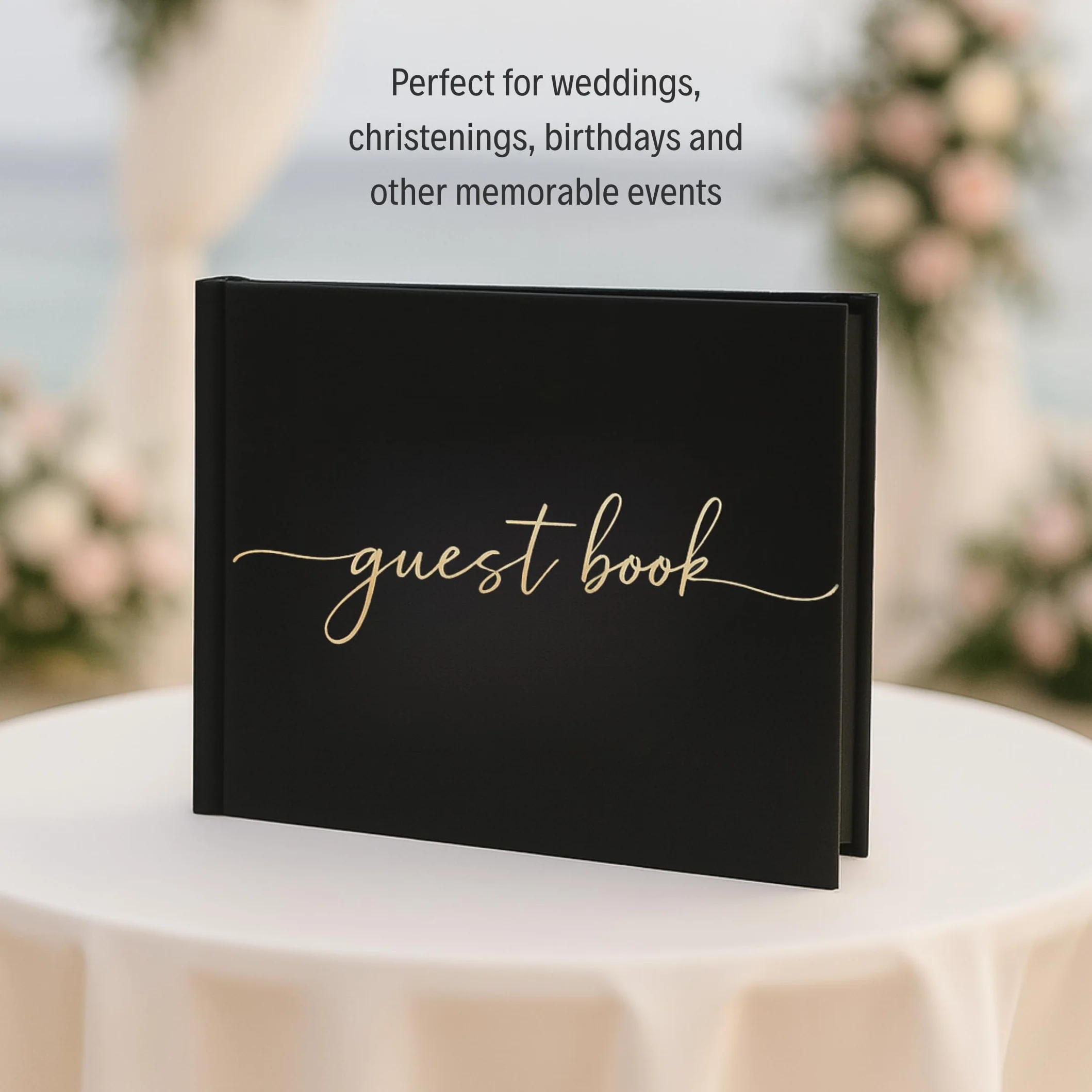 Plantvibes Libro de visitas premium para bodas, 120 páginas, estilo vintage, título dorado, negro