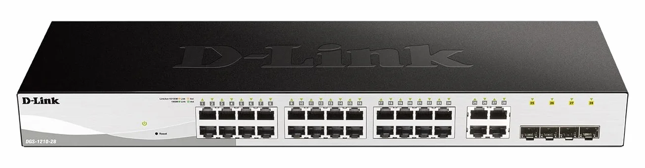 D-Link DGS-1210-28/E - Switch 24 Puertos Gigabit y 4 Puertos SFP Combo 100/1000 Mbps (Altura 1U, VLAN automática para Video vigilancia y telefonía IP) - Solo Cable de alimentación de la UE