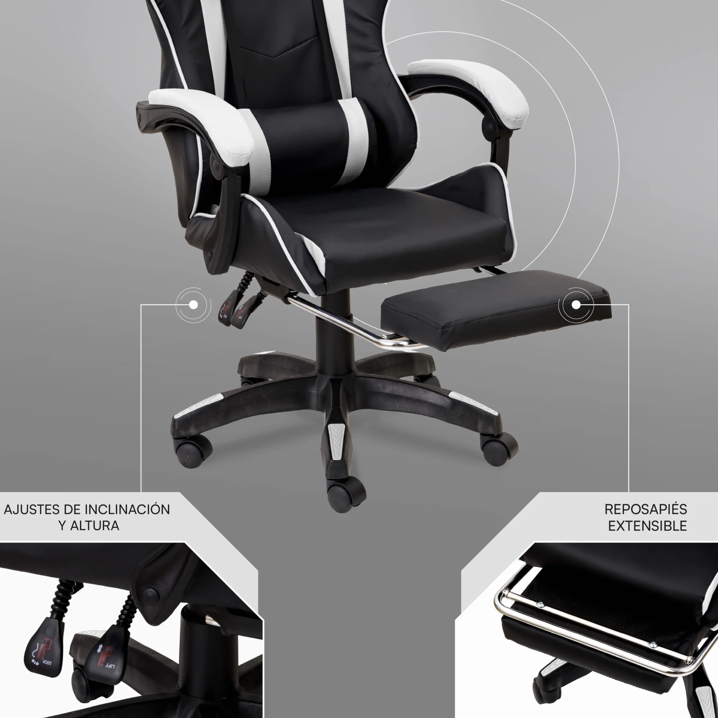 Baroni Home Silla Gaming Ergonómica Inclinable Altura Regulable, Soporte Lumbar, Reposacabezas Acolchado, Reposapiés Extraíble, Blanco, 58x66x114-124 cm