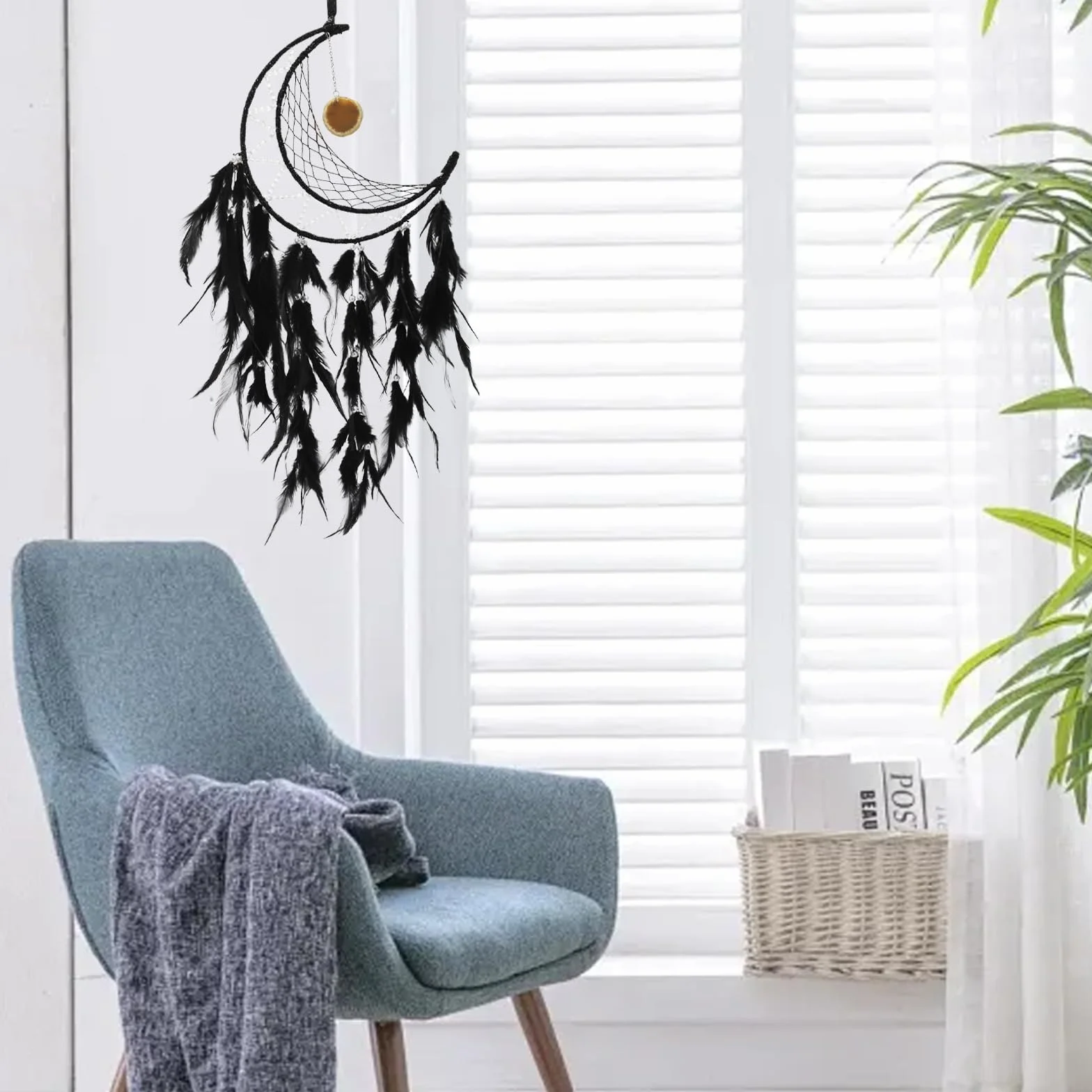 Atrapasueños de Luna Hecho a Mano para Colgar en la Pared, Estilo Bohemio, Negro