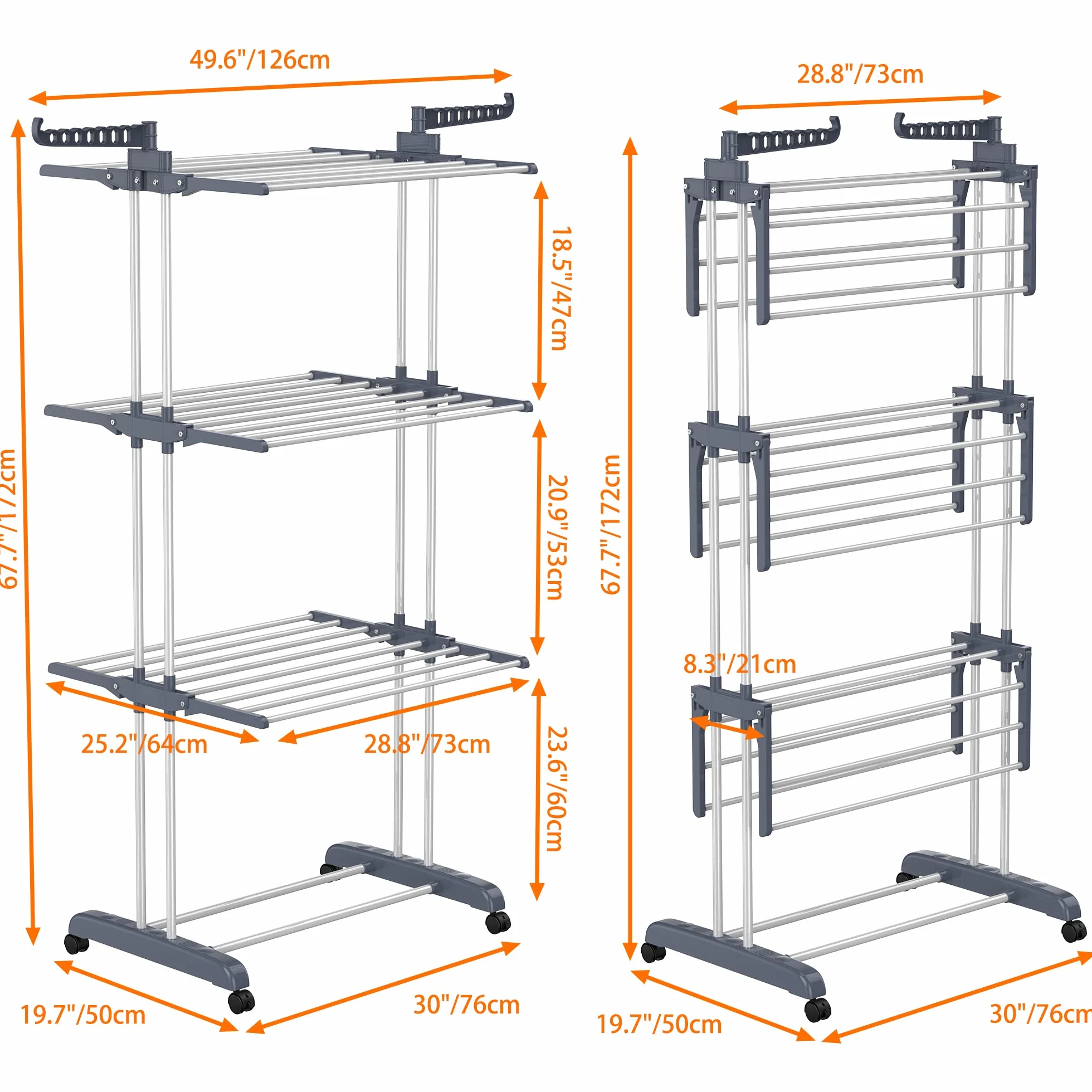HOMIDEC Tendedero Plegable Vertical 4 Niveles con Ruedas, Acero Inoxidable, Exterior e Interior, Gris