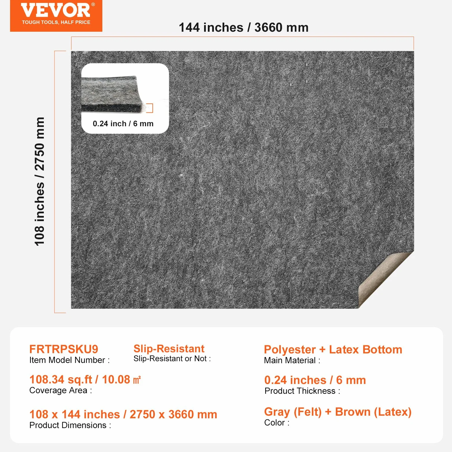VEVOR Alfombra Antideslizante Protector de Suelo Cojín 275x366 cm 6 mm Espesor Fieltro Poliéster Látex Gris