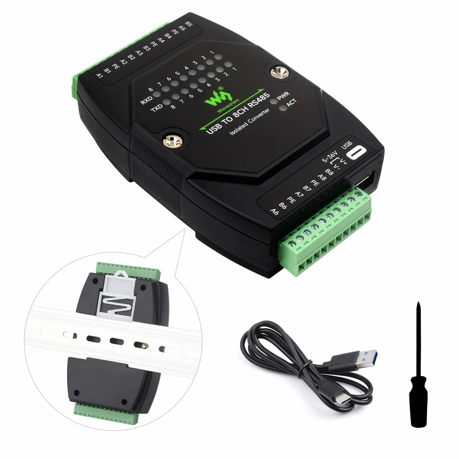 Waveshare USB to 8CH RS485 Industrial Grade Isolated Converter, USB to RS485 Adapter, Multiple Protection Circuits, Wall-Mount and Rail-Mount Support, Multi-OS Compatible