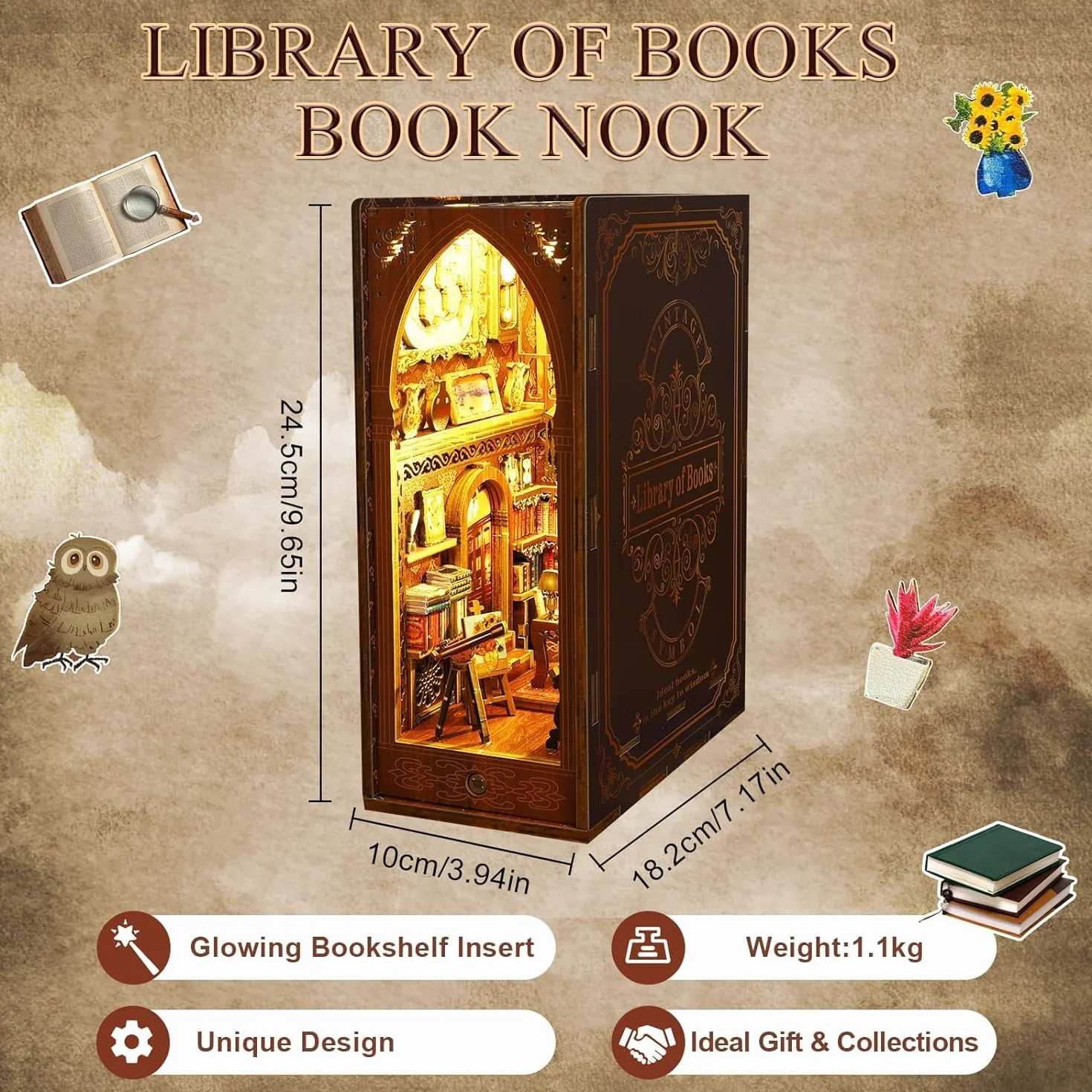 LED Book Nook Kit, Soporte de Sujetalibros Decorativo 3D de Madera para Adultos, Adorno de Estantería para Hogar