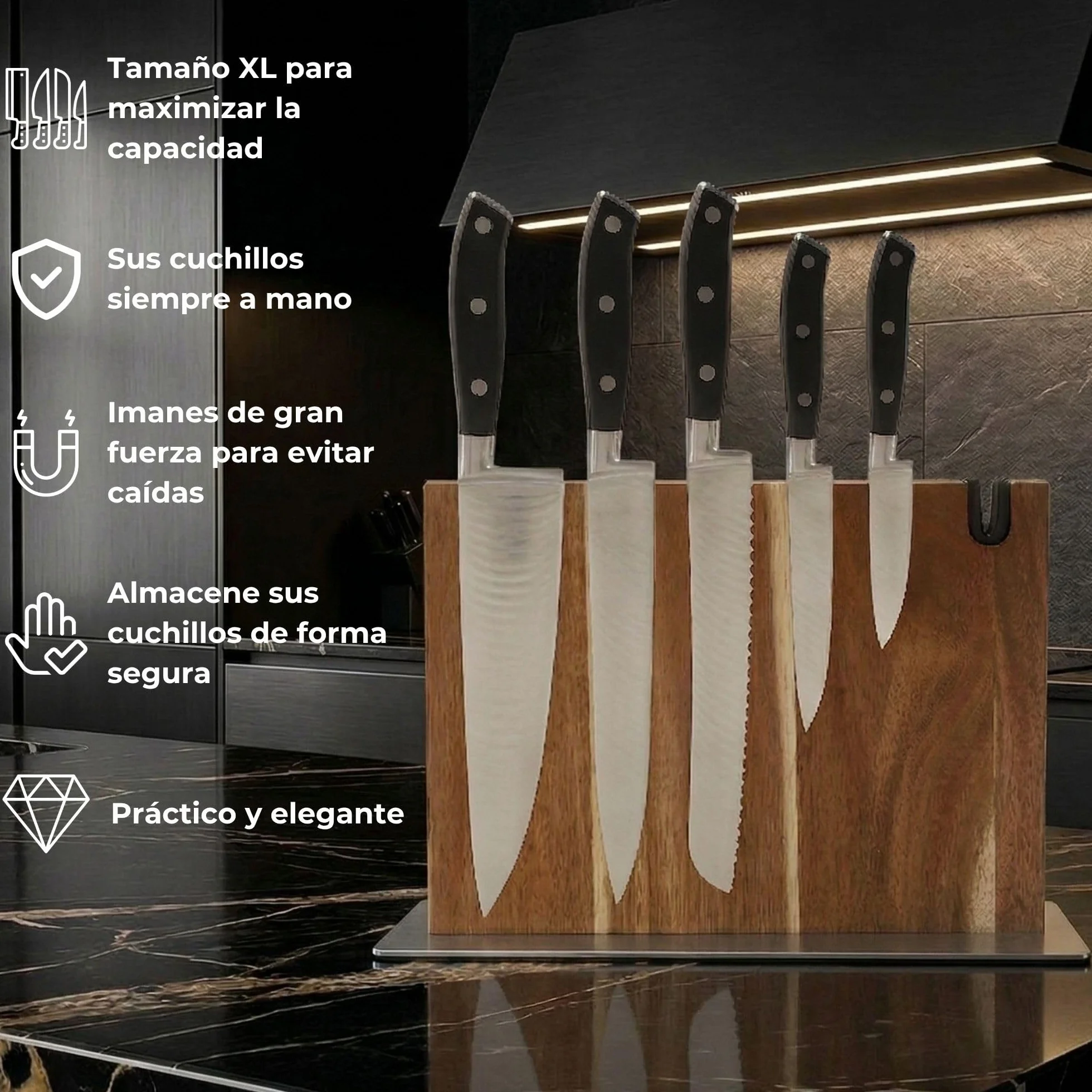 Soporte magnético cuchillos cocina XL con afilador integrado madera maciza Acacia