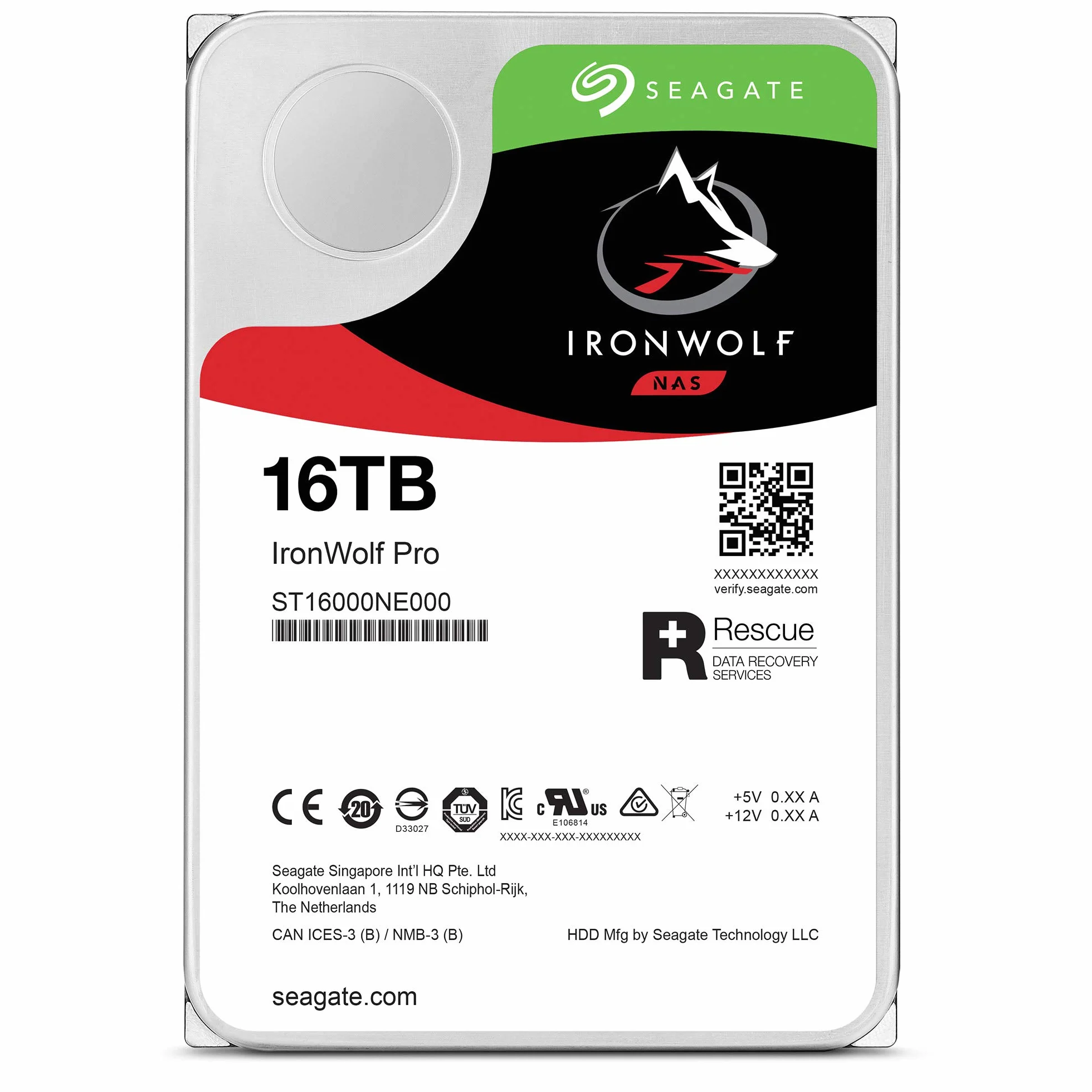 Seagate IronWolf Pro, 16TB, NAS, Disco duro interno, HDD, CMR 3,5" SATA 6GB/s, caché 256 MB, almacenamiento RAID, 3 años Rescue Services (ST16000NE000)