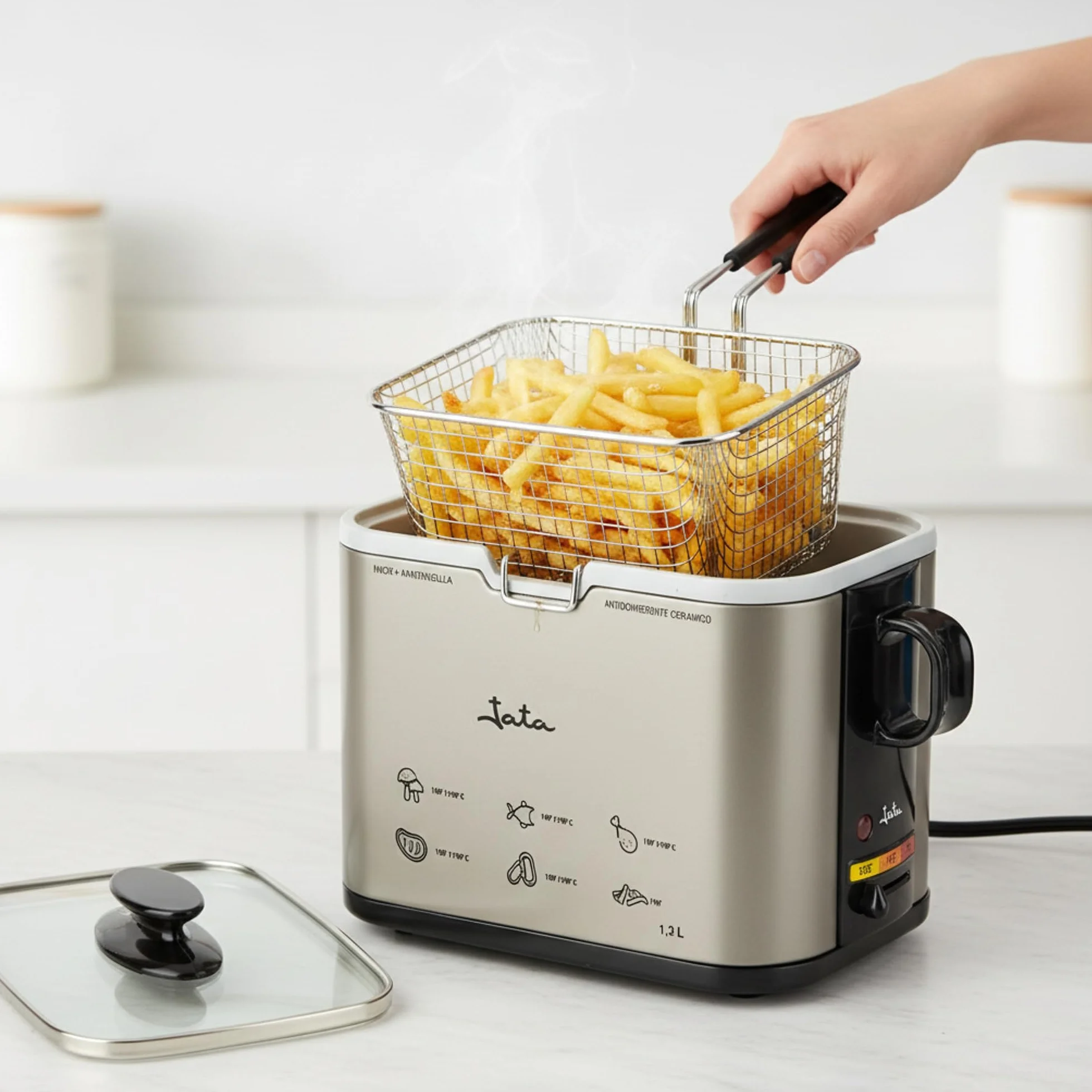 JATA FR326E Freidora de Aceite Inox 1.3L, Freidora Eléctrica con Cuba Cerámica Antiadherente, Termostato Regulable