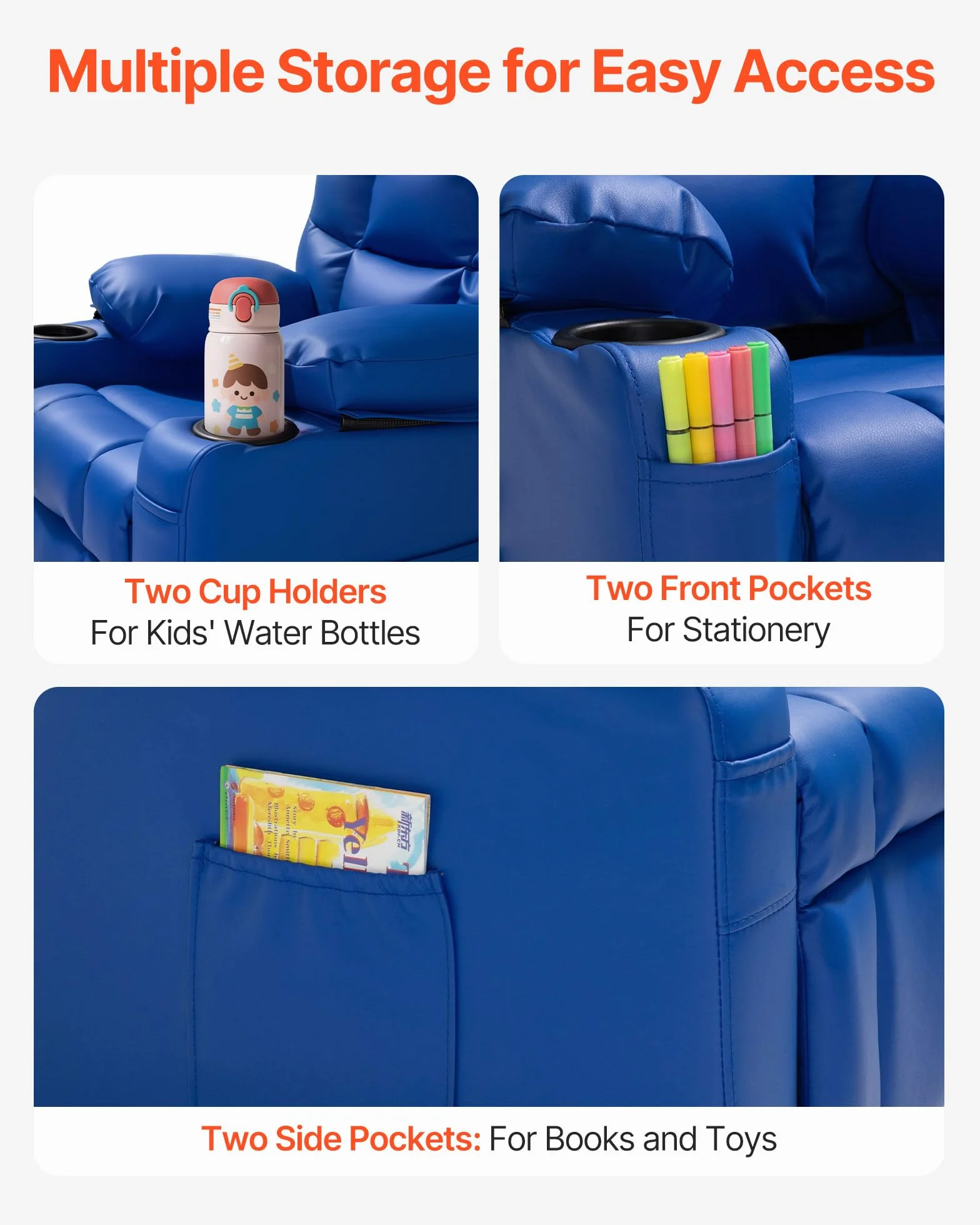 VEVOR Sillón Relax Reclinable para Niños, Sofá Infantil, Respaldo Ajustable 107°-126°, 2 Portavasos, 4 Bolsillos, Reposapiés, Cuero Sintético, Azul