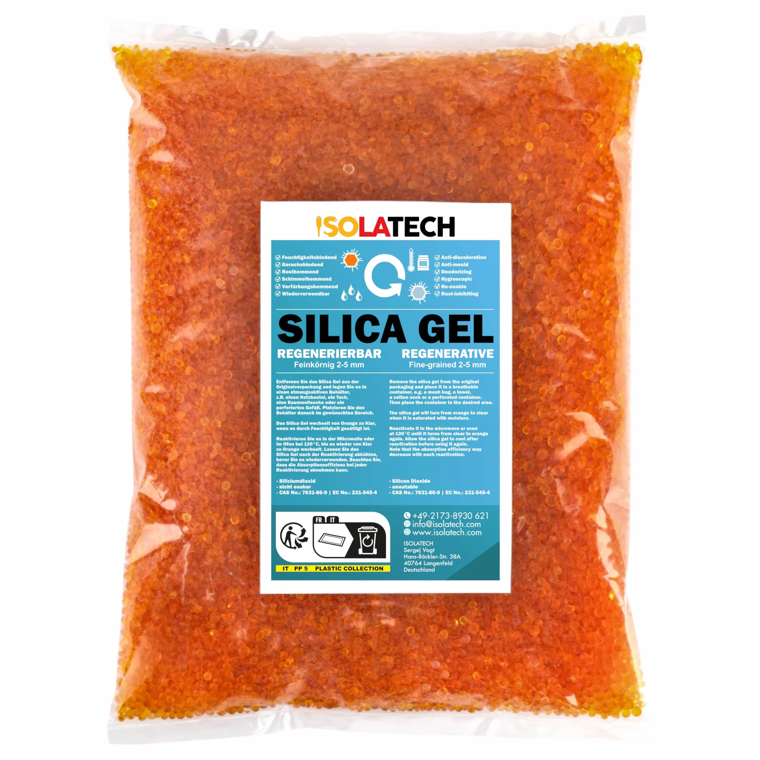 ISOLATECH Silica Gel regenerable naranja 1,8 kg bolsa desecante para deshumidificador