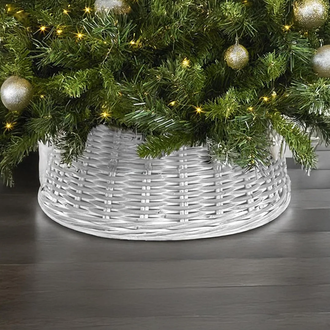 Panda Home Cubre Pie Arbol Navidad Mimbre Ratán Decoracion Elegante Natural Blanco Rojo 39x18x49 cm