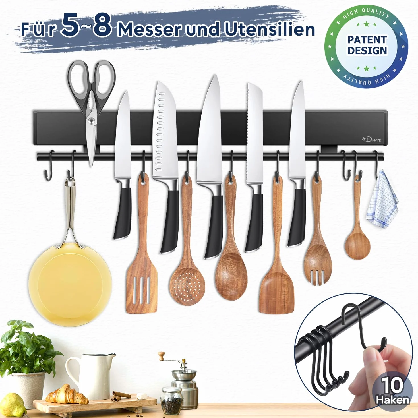 Dmore Barra magnética para cuchillos 43 cm negra con 10 ganchos, soporte autoadhesivo