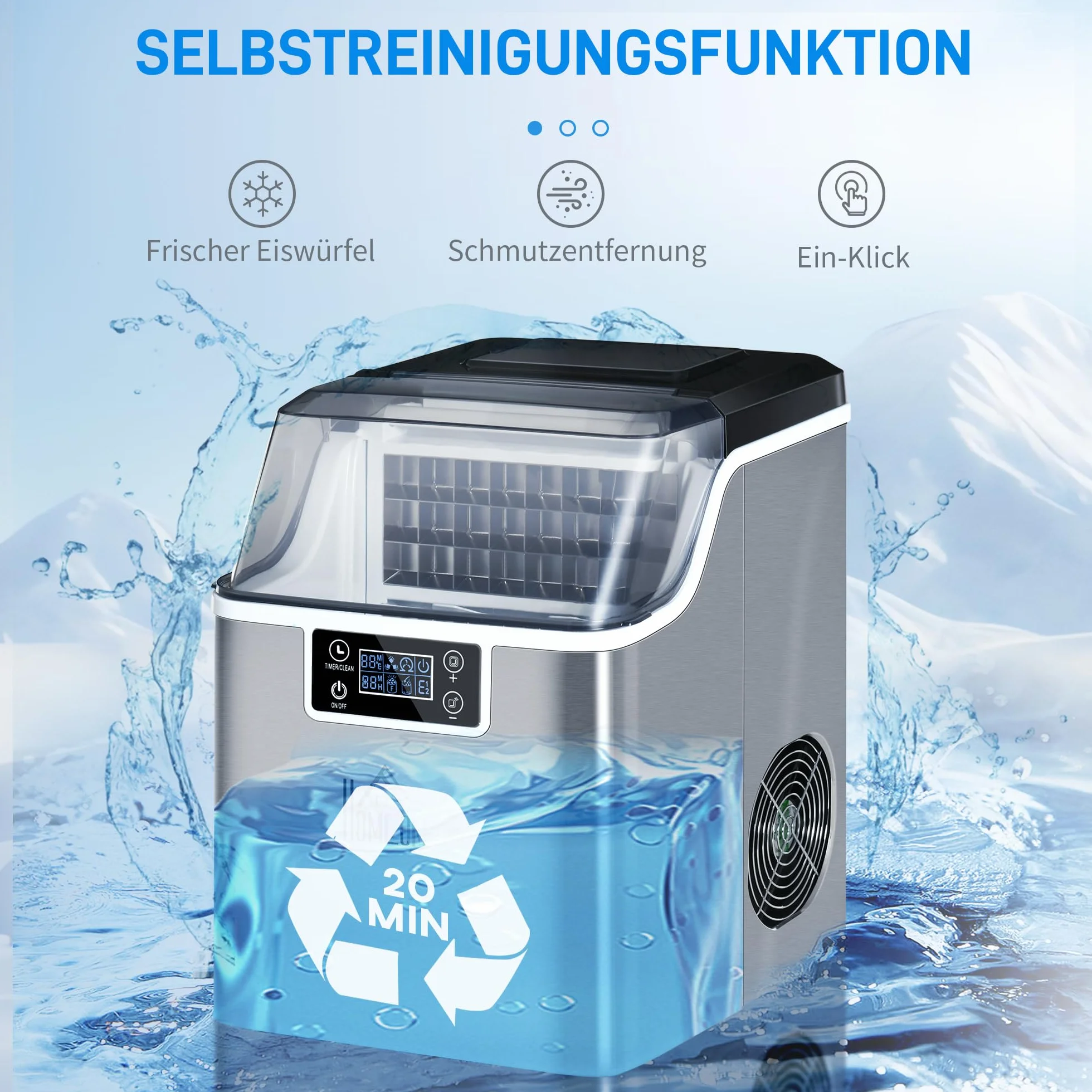 HOMCOM Máquina de hielo acero inoxidable 24 cubitos 14-18 min 20 kg/24h 3,2 L autolimpiable cocina