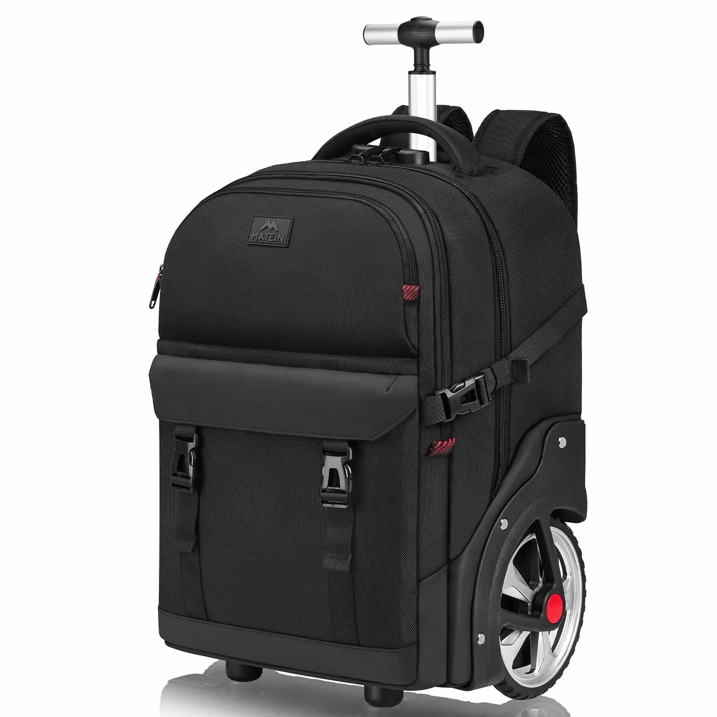 MATEIN Mochila con Rueda Adulto, Trolley con Ruedas Grande 50L Antirrobo Impermeable Hombre Maleta con Ruedas Ocultables y Compartimento Portatil 17 Pulgadas para Viaje, Trabajo, Universidad, Negro