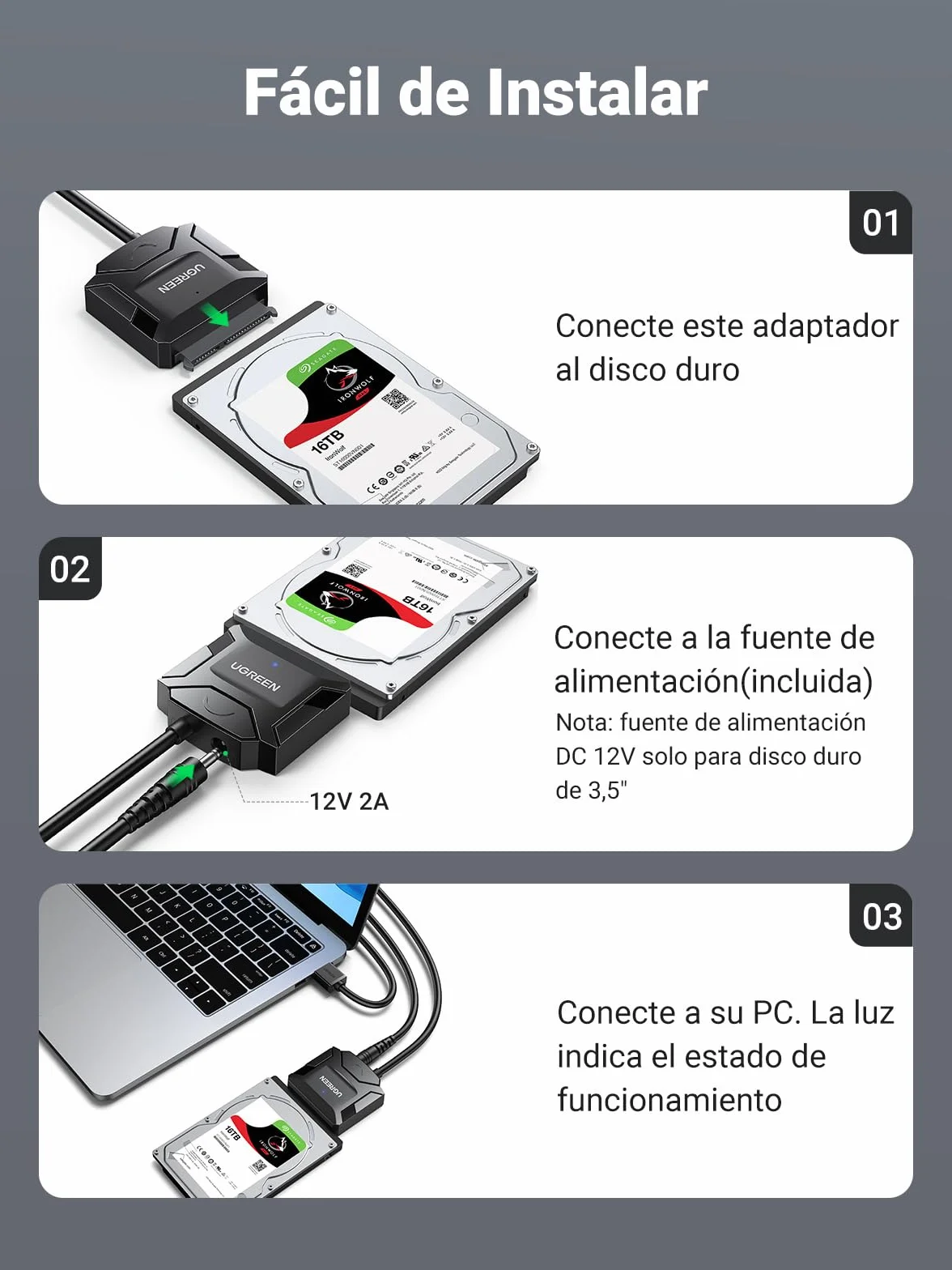 UGREEN Adaptador de HDD SSD 2,5" 3,5" 20TB, Cable SATA USB 3.0 con UASP con 12V Compatible con PC, Macbook, PS5, PS4, WD, Toshiba, Seagate, Hitachi