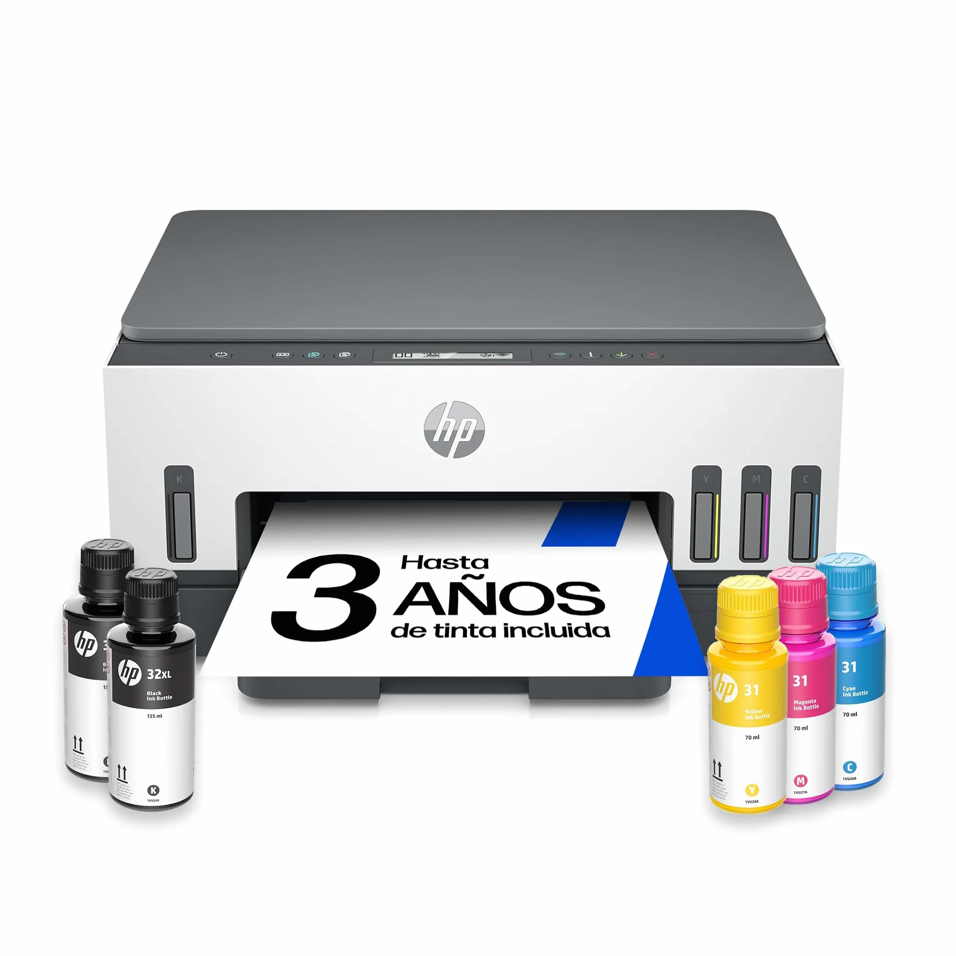 HP Smart Tank 7005 28B54A - Impresora A4 Multifunción con Deposito de Tinta Recargable, Impresión a Color, Escaner, Copiadora, Wi-Fi, Smart App, Blanca y Gris Oscuro
