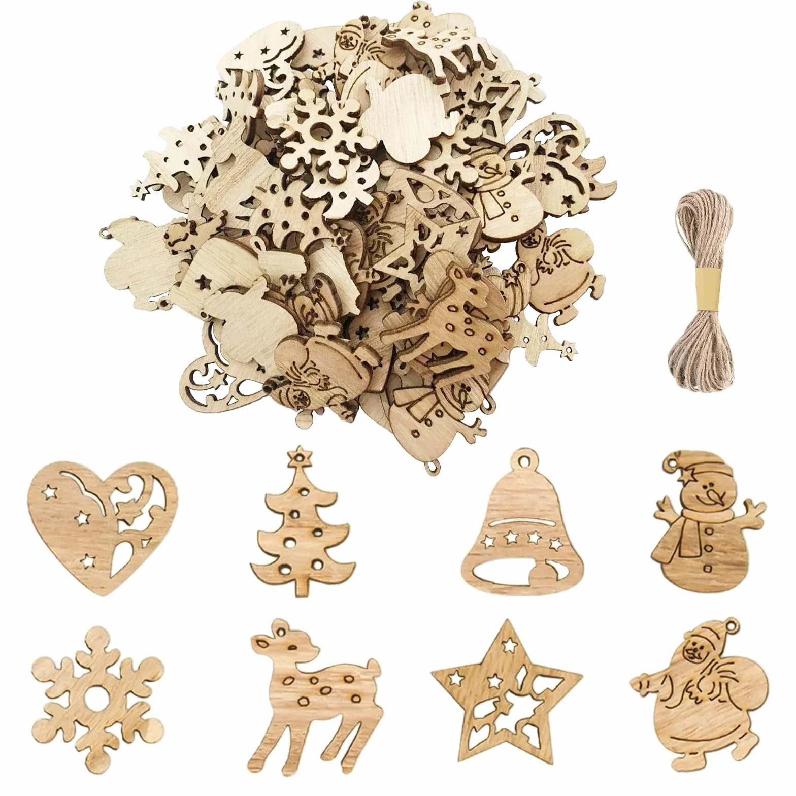 Adornos Navideños de Madera 100 Piezas Colgantes para Árboles Decoración Navideña Bricolaje