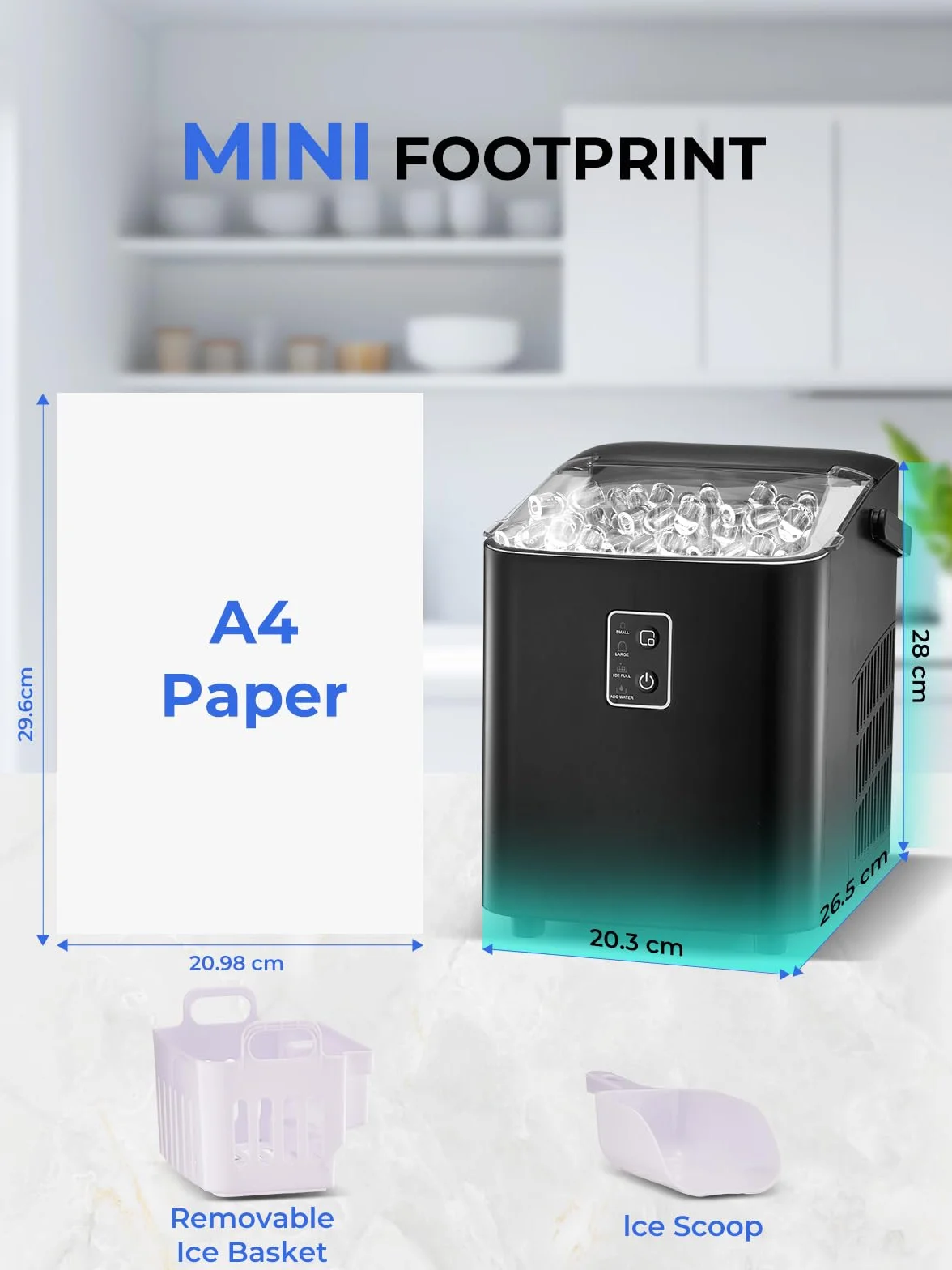 FOHERE Máquina de cubitos de hielo, 14 kg/24h, autolimpiable, 2 tamaños de cubitos, cocina