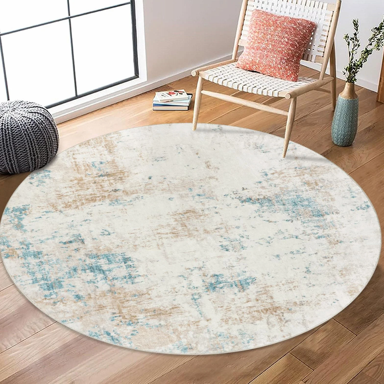 Homcomodar Alfombras Redondas Beige 120cm Alfombra Salon Antideslizante Alfombras Lavables en Lavadora Alfombra Habitacion Dormitorio Comedor Modernas Tapete Quarto Pelo Corto
