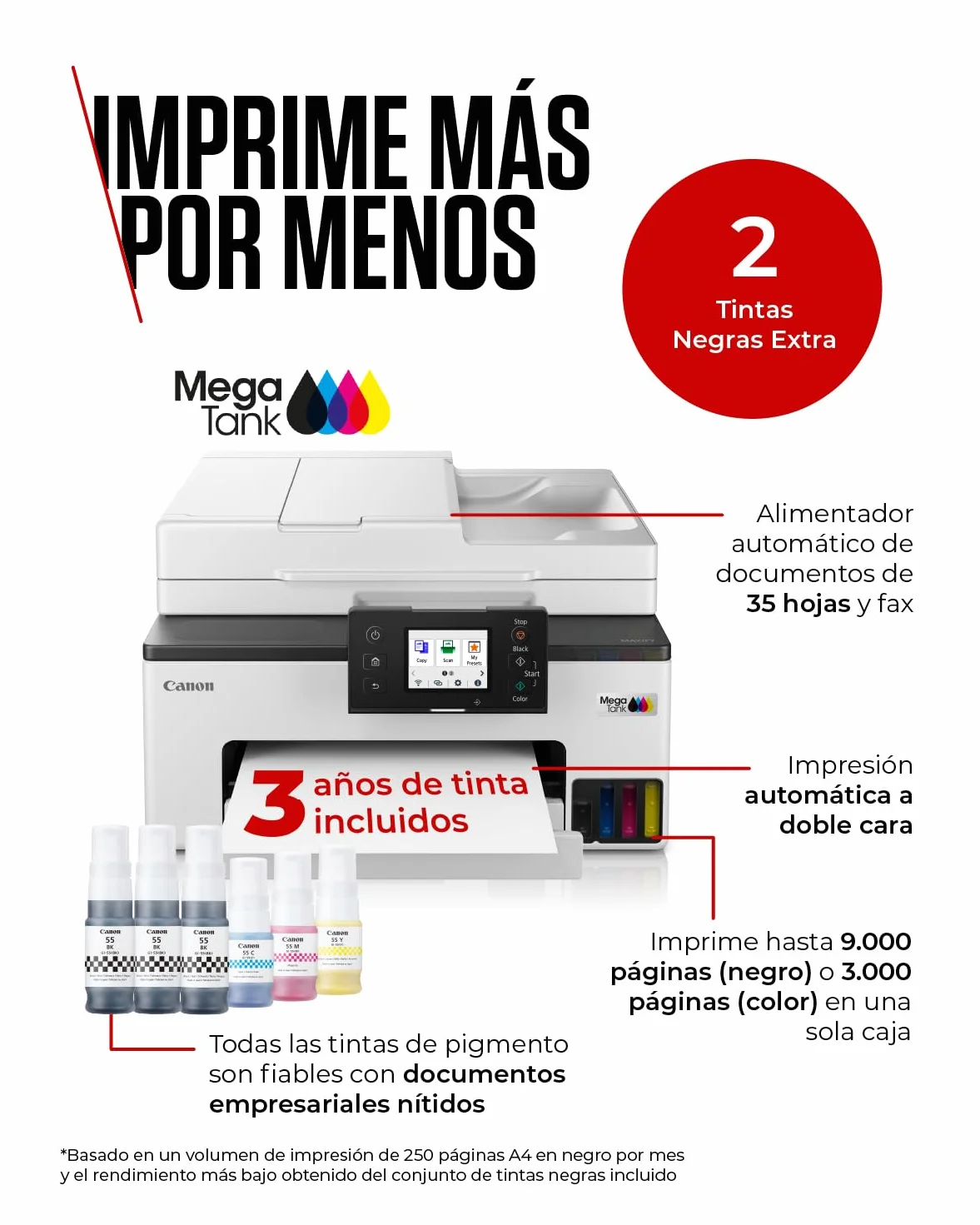 Canon MAXIFY GX2050 – Impresora MegaTank a Color, Copiadora, Escáner y Fax A4 | Hogar y Oficina | Conexión Wi-Fi, Ethernet y USB | Inyección de Tinta | Incluye 6 Botellas de Tinta