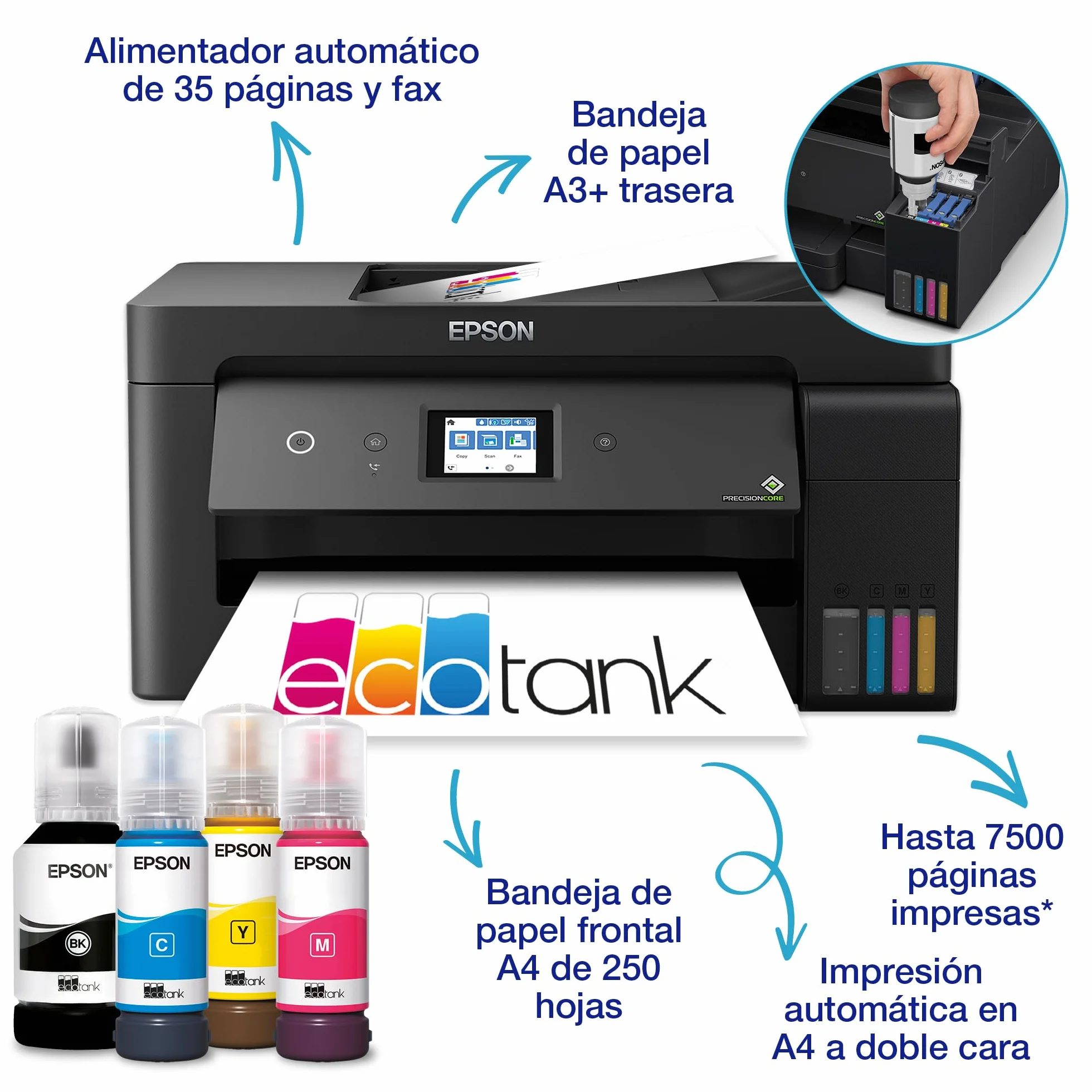 Impresora multifunción EcoTank ET-15000 A3+ con depósito de Tinta, conexión Wi-Fi y Tinta incluida para hasta 3 años.