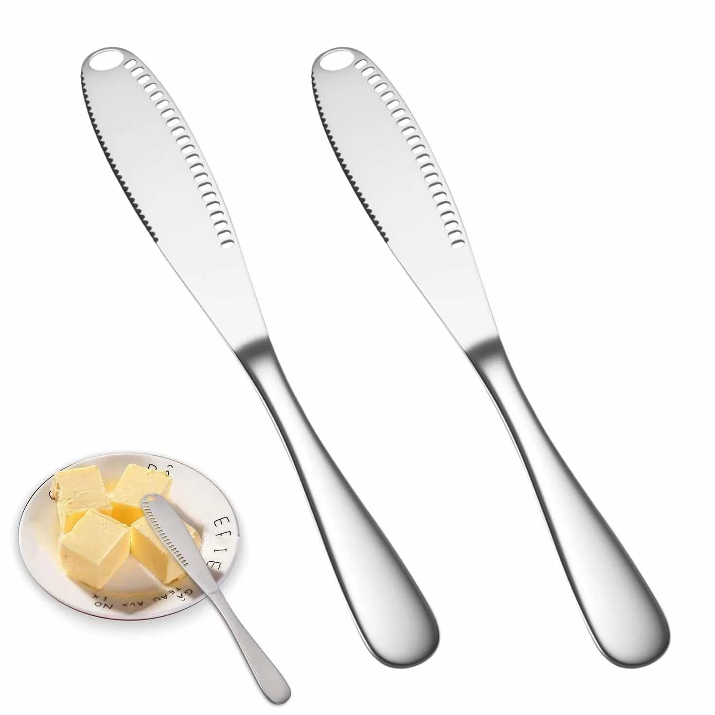 2 Piezas Cuchillo de Mantequilla de Acero Inoxidable, 20,5 cm Esparcidor de Mantequilla, con Borde Dentado y Estructura Ranurada, para Mermelada, Nata, Tarta, Queso, Frutas, Verduras (Plata)