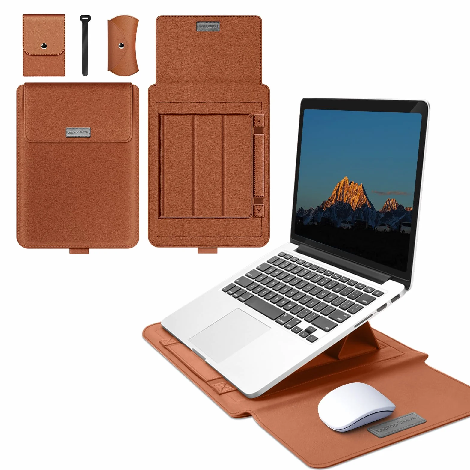 13-14 Pulgada Funda para Portátil Compatible con MacBook Air 13"/Pro 14" (M5 Pro MAX 2026/M4/M3/M2/M1), PU Funda Resistente Protectora Soporte Ratón Alfombrilla Cuero Portátil - Marrón