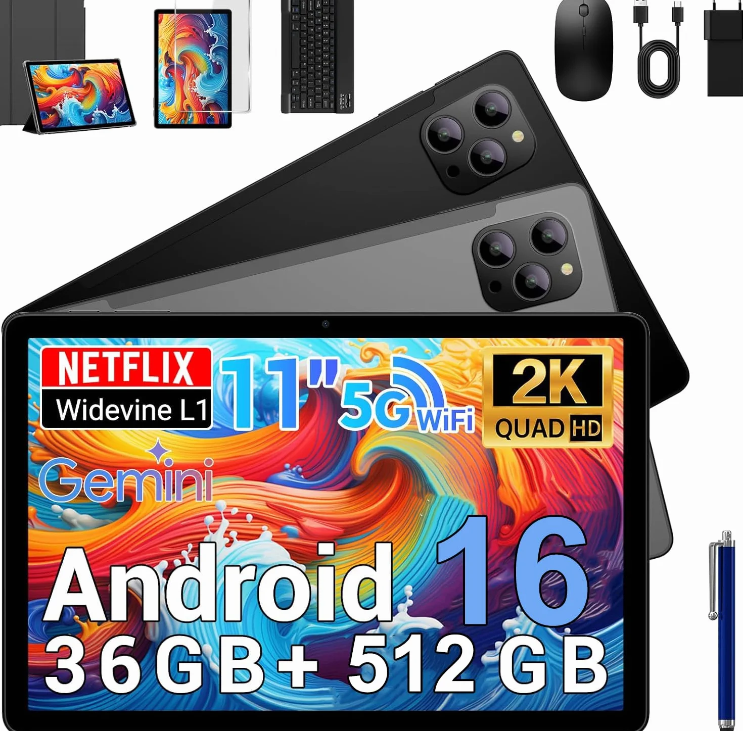 Android 16 Tablet 11 Pulgadas Gemini Ai Octa-Core T615 36GB RAM 512GB ROM Widevine L1 Netflix 1080P FHD 8000 mAh Cámara 16MP+8MP GPS Teclado Negro