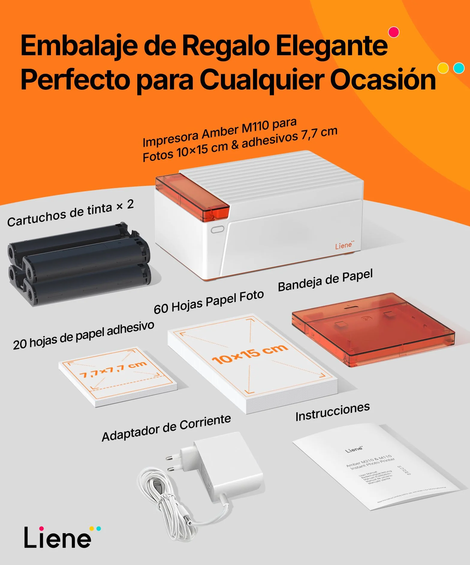 Liene Amber M110 Impresora de Fotos para Móvil Portátil con 60 Hojas 10x15 cm + 20 Adesivos 7.7 cm + 2 Cintas – Tecnología de Sublimación Térmica, Bluetooth, para iPhone y Android